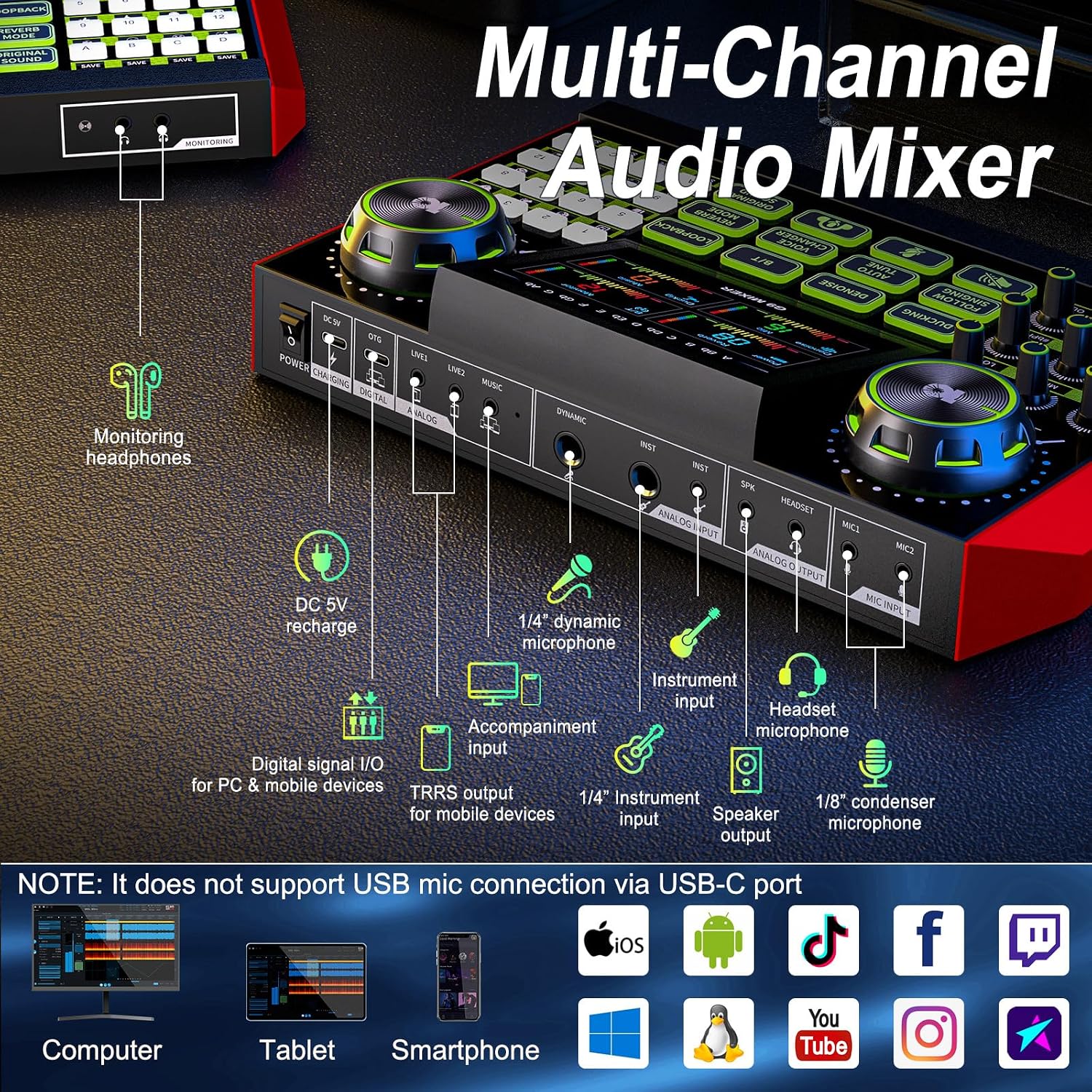 Detalle 1 de Kinetheon P15-G9 Podcast Equipment Kit with 3-Channel Mixer and Condenser Mic