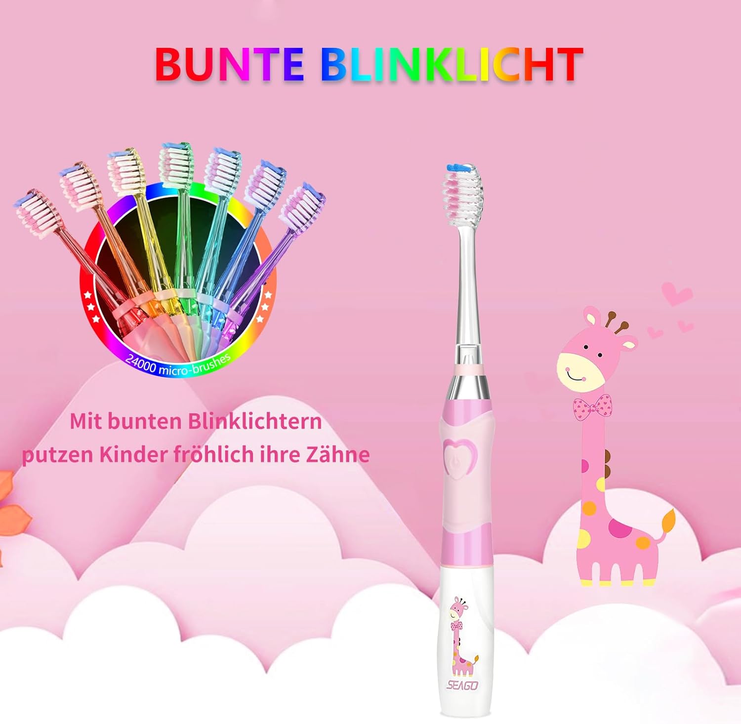 Thumbnail 1 de Seago SG977 Elektrische Kinderzahnbürste (Rosa) – 3–12 Jahre, LED-Farblicht, 2-Minuten-Timer, IPX7