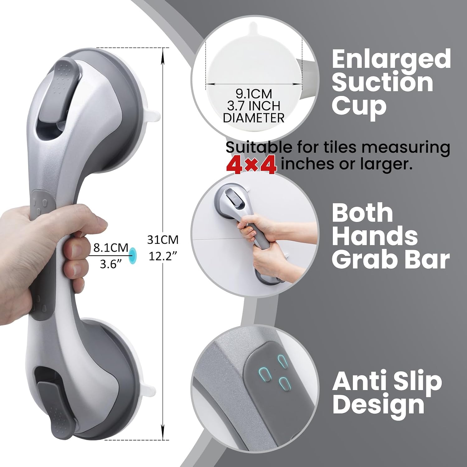 Detalle de TAILI 31 cm Suction Grab Rail for Bathroom – No-Drill Bath Safety Handle, 110 kg Max, Silver