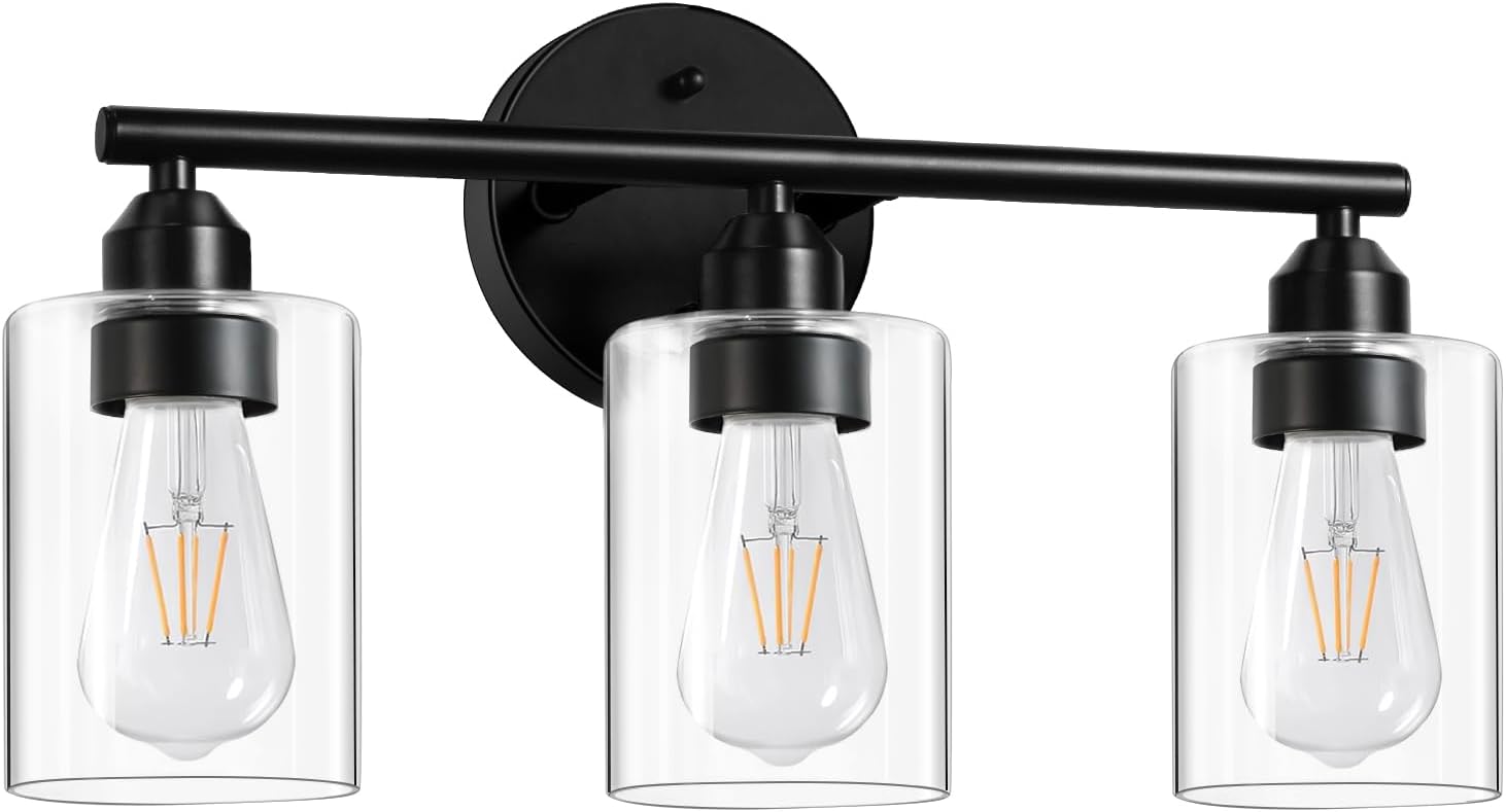 Thumbnail 6 de Percantis WL1-01 3-Light Bathroom Vanity Light, Black Metal, Clear Glass Shades