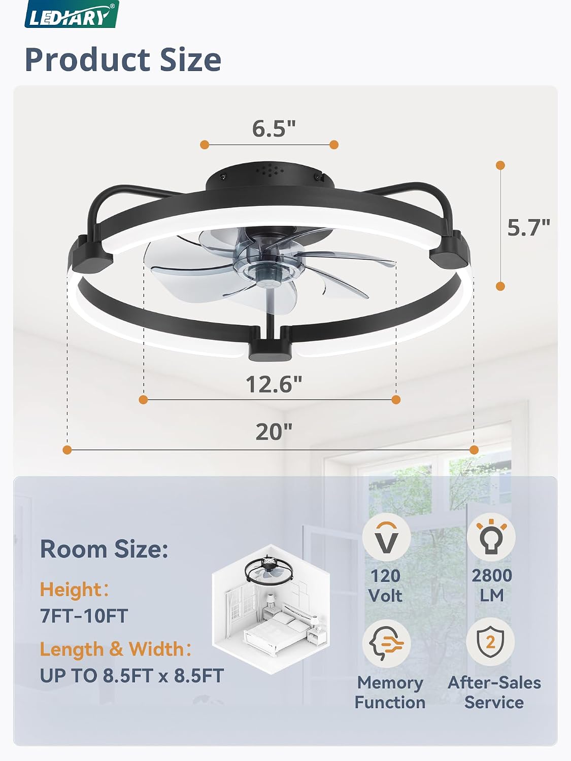 Detalle 2 de LEDIARY ceiling fan with light, 20-inch