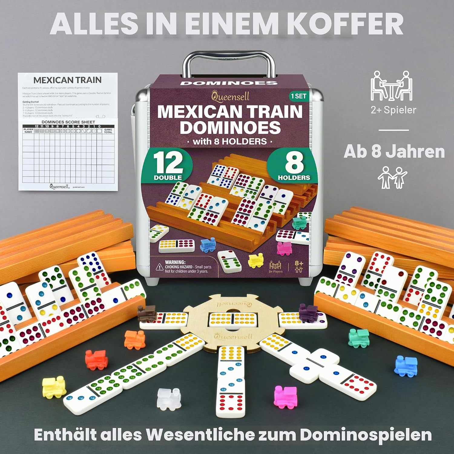Detalle de Queensell Mexican Train Domino-Set mit 8 Haltern – Doppel-12-Steine aus Holz, inkl. Nabe, Halter und Aluminiumschale