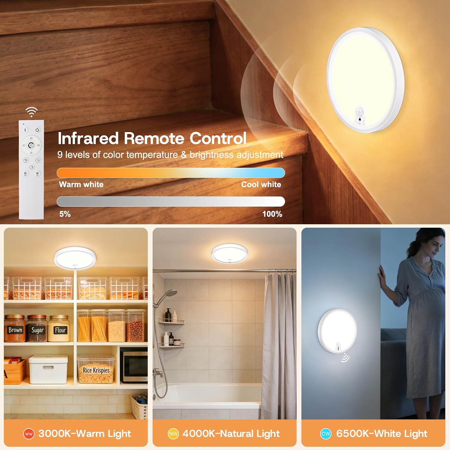 Detalle de Akku Deckenlampe mit Bewegungsmelder Innen (6000 mAh) – dimmbar, 3 Modi & Fernbedienung, ohne Stromanschluss