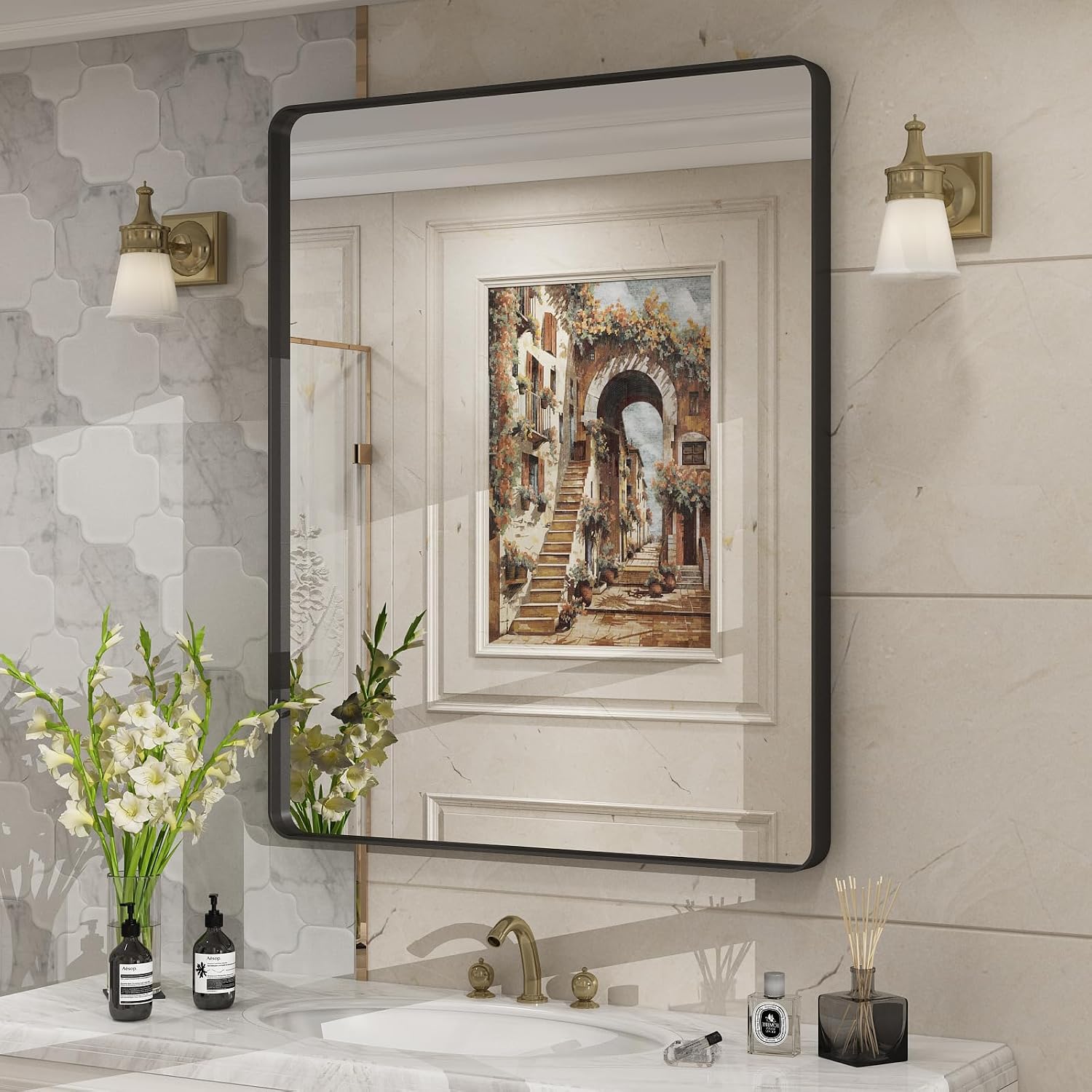 Detalle de CHARMOR 30x36 Inch Rectangular Bathroom Mirror with Black Matte Aluminum Frame