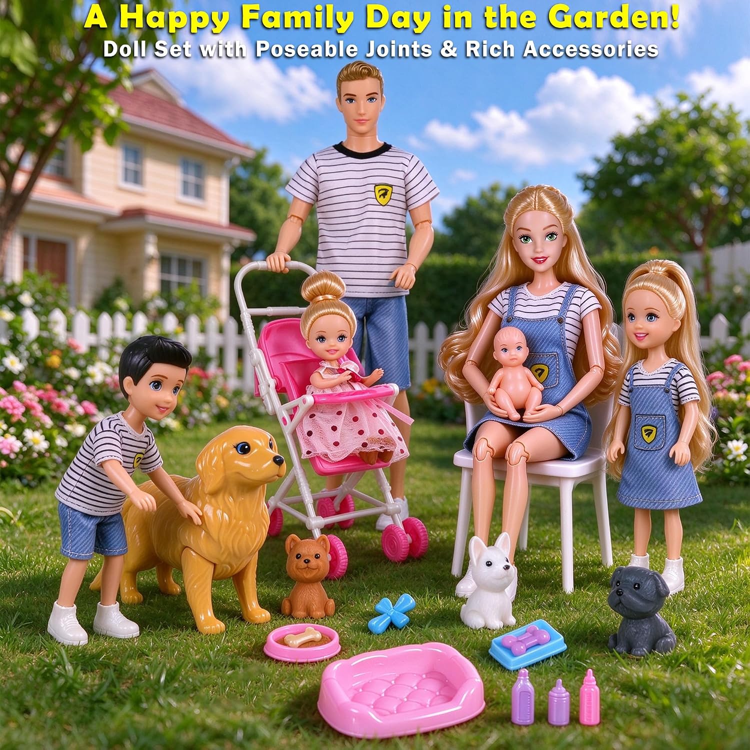 Detalle 2 de dollbie DBLD11 Family Doll Playset with Baby Stroller, Kids and Pets