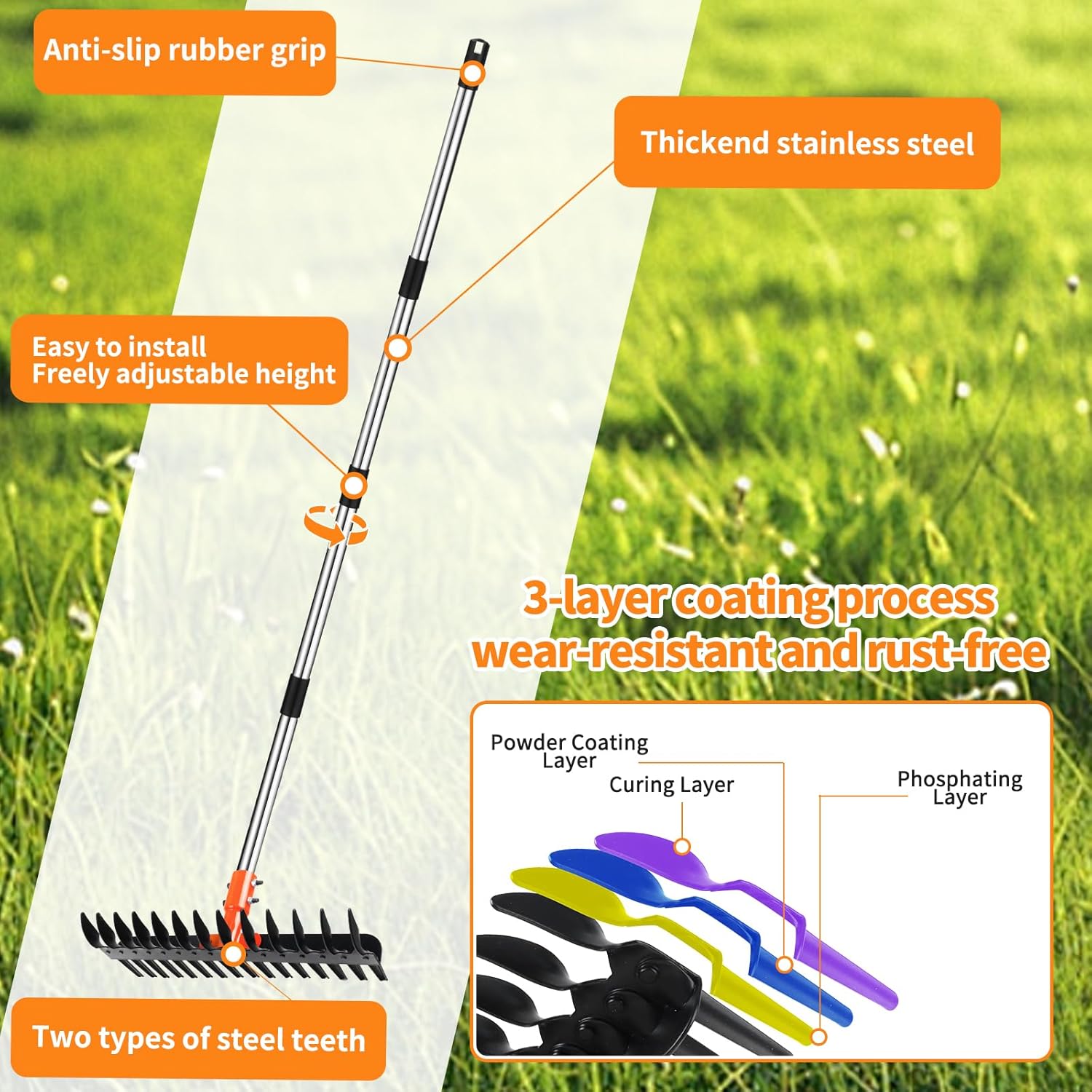 Detalle de Tolia Thatch Rake — Heavy Duty Garden Rake with Dual-Action Tines and 145 cm Adjustable Handle