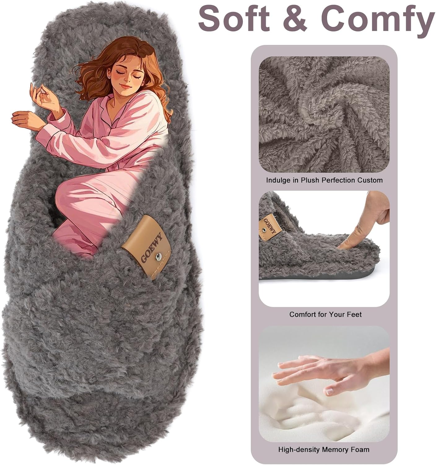 Detalle de GOEWY Fuzzy Open-Toe Slippers for Women with Memory Foam and Faux Fur