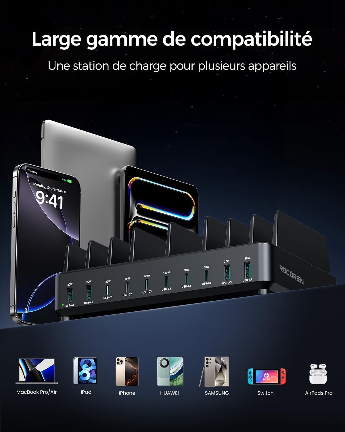 Detalle 1 de Rocoren 400W Station de charge 10 ports 🔌