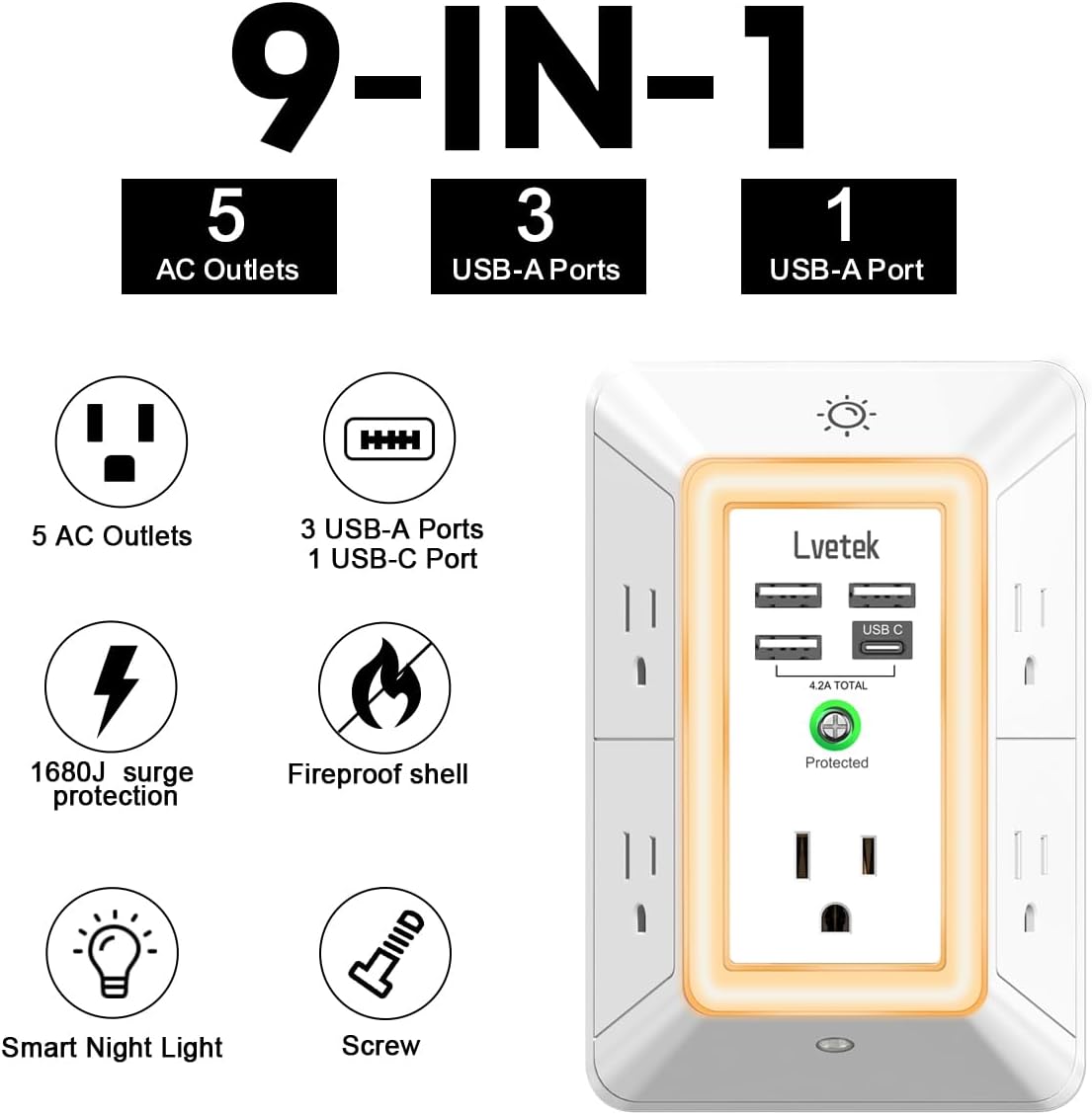 Detalle de Lvetek Power Strip with 5 Outlets