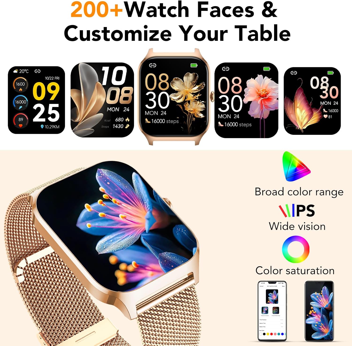 Thumbnail 2 de CASCHO Montre connectée femme 1,85" HD avec appels Bluetooth, fréquence cardiaque, SpO2 et suivi du sommeil (doré)