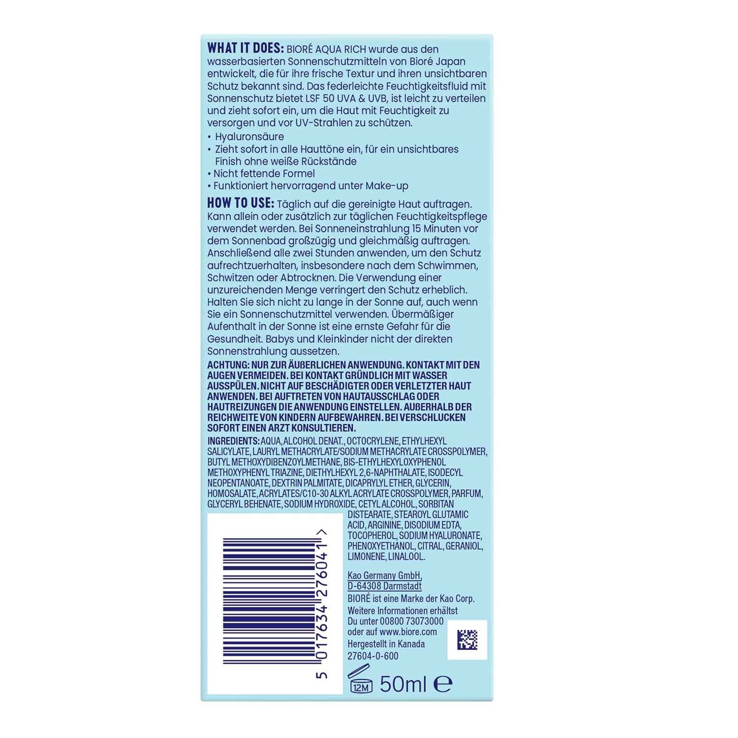 Detalle de Biore Aqua Rich UV LSF 50 leichtes Fluid für Gesicht