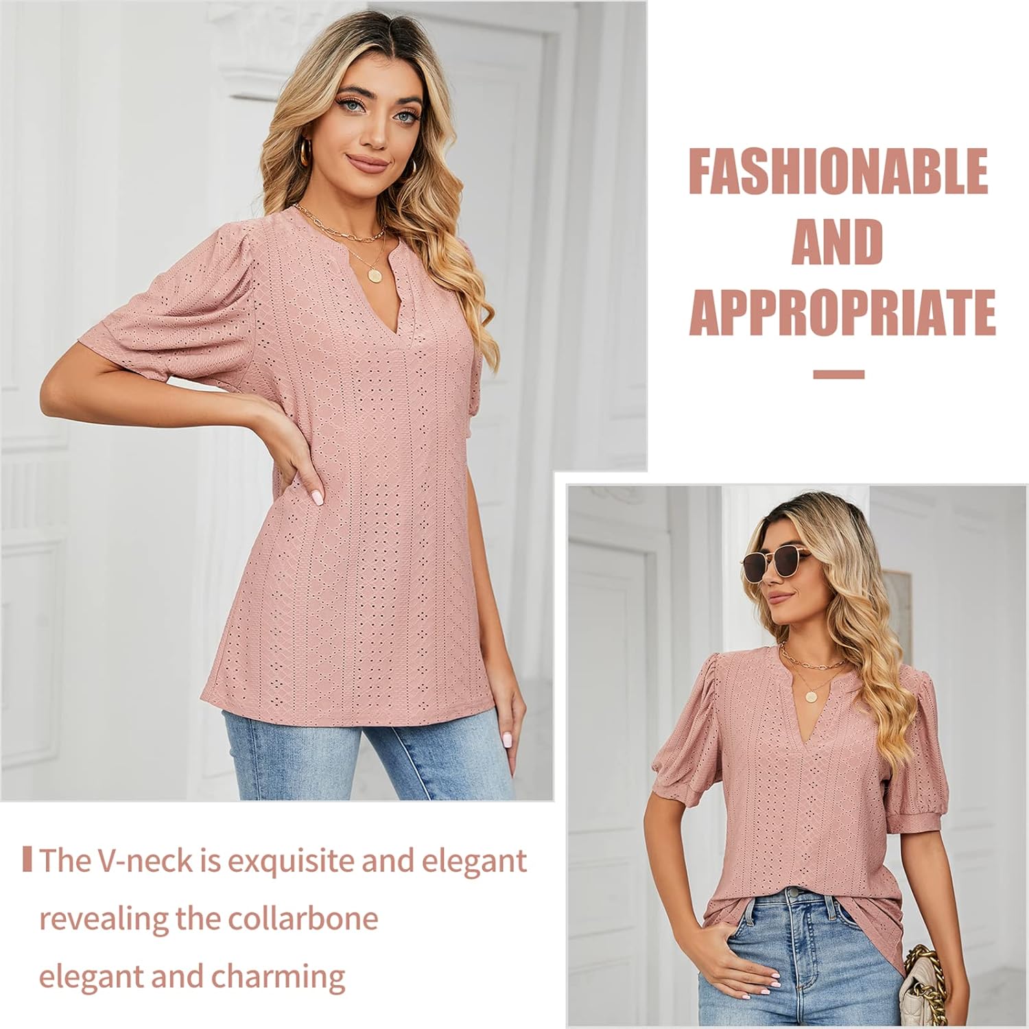 Thumbnail 4 de EDOTON Damen T-Shirt Kurzarm Bluse mit V-Ausschnitt – Lockeres Sommer-Top
