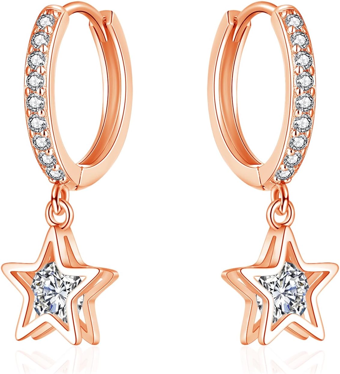 Detalle de Josfeva 925 Sterling Silver Hanging Hoop Earrings with Zirconia Star/Teardrop/Heart Pendants