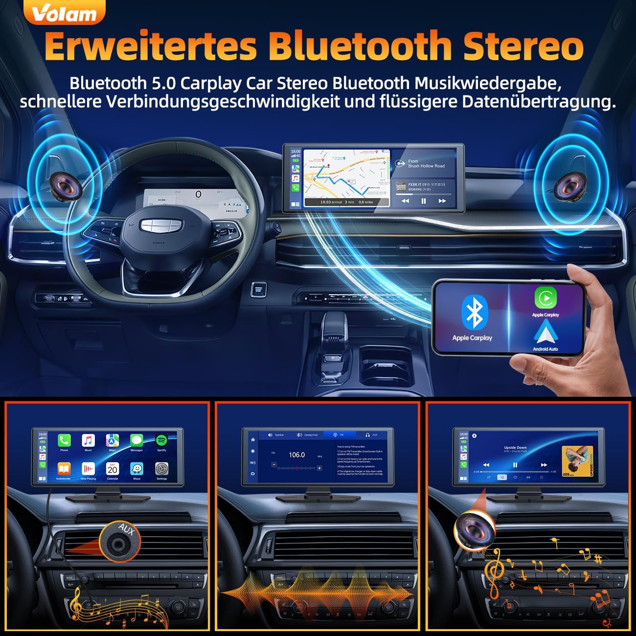 Detalle 2 de Volam 9,26 Zoll CarPlay Bildschirm – Tragbares CarPlay/Android Auto Display mit IPS Touch Screen