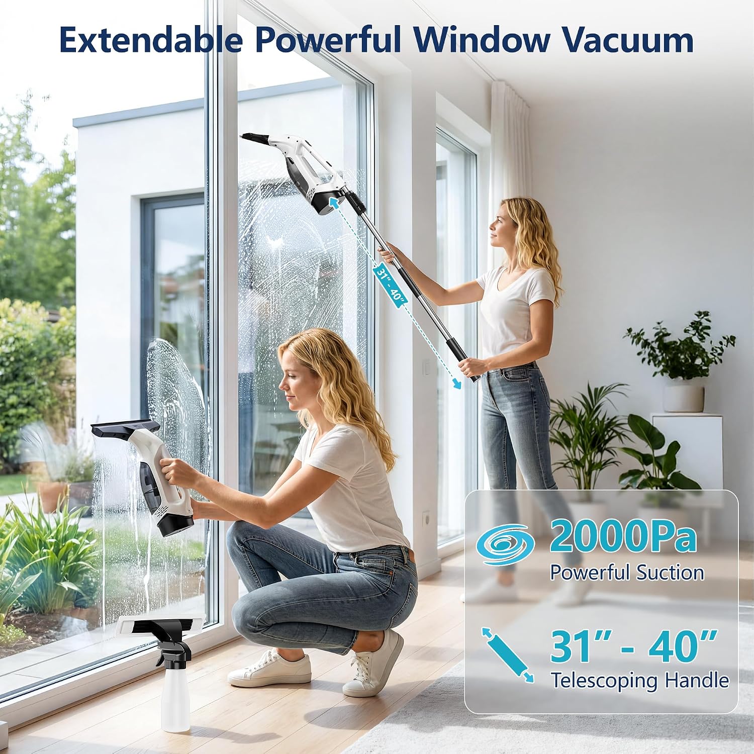 Thumbnail 1 de ZRHI Window Vacuum Squeegee with Extendable Pole (31-40 in) – 2000Pa, 2200mAh, 150ml Tank