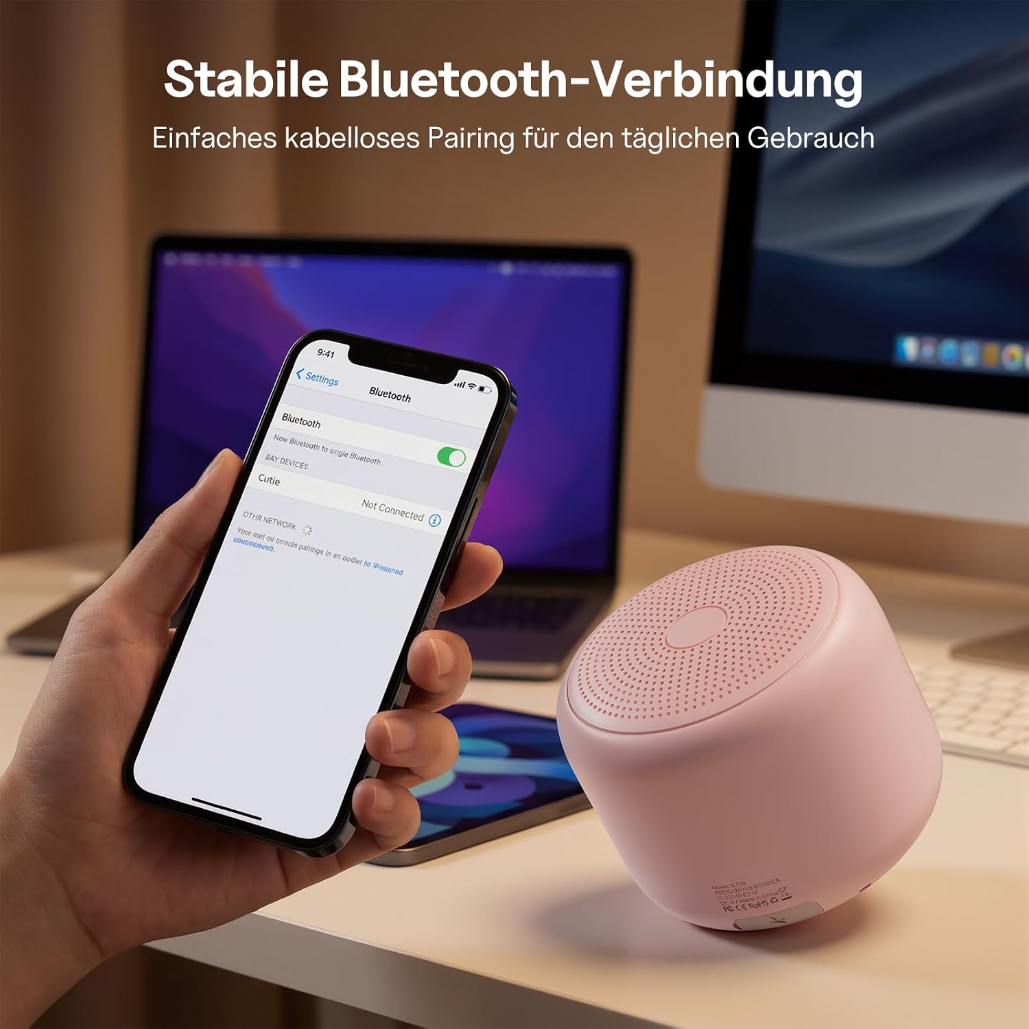 Detalle 2 de Bobtot Tragbarer Bluetooth-Lautsprecher mit wasserdichtem Design, Stereo-Sound und 15 Stunden Laufzeit (Rosa)