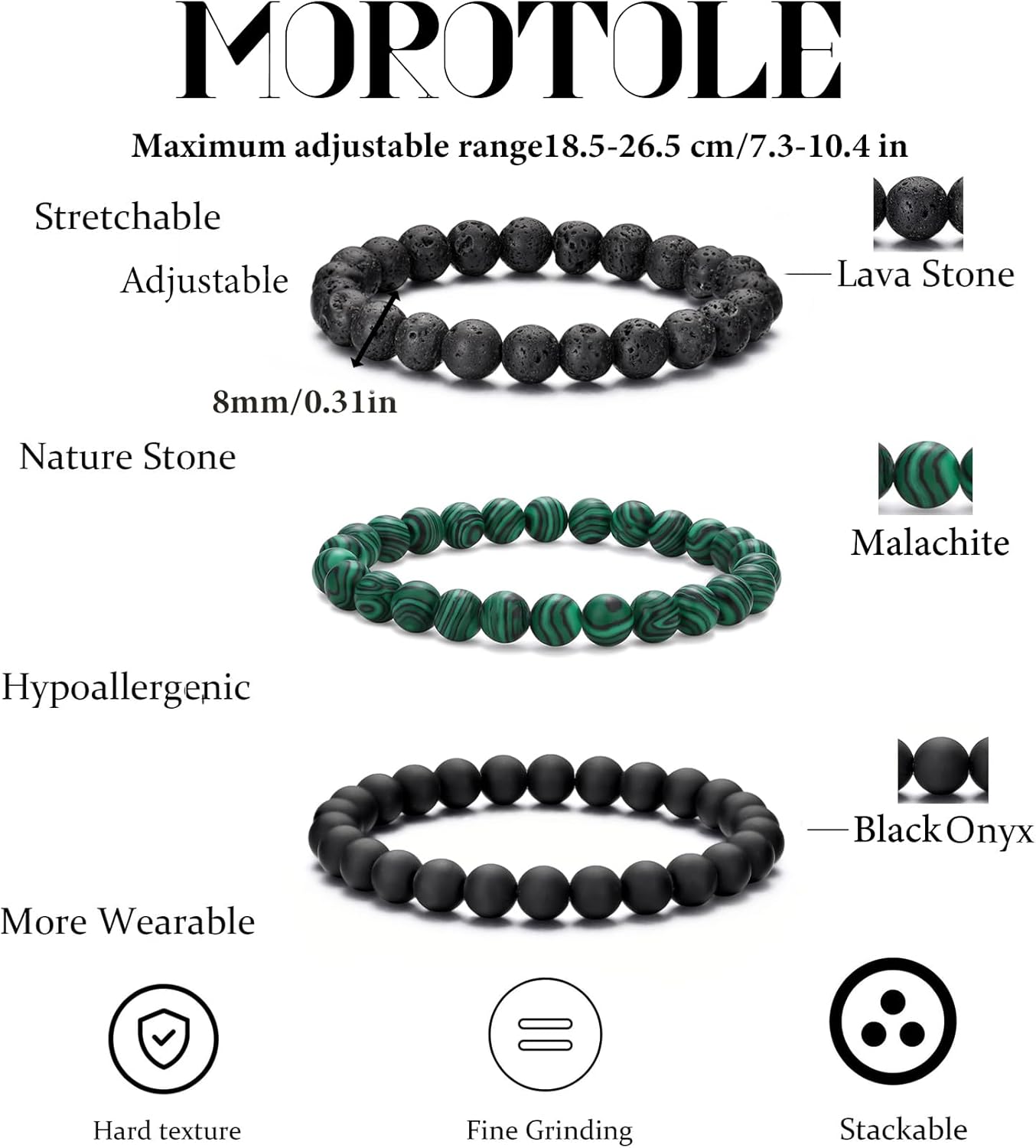 Thumbnail 2 de Bracelet œil de tigre homme MOROTOLE en pierres naturelles 8 mm, lot réglable (ensemble bracelets perles)