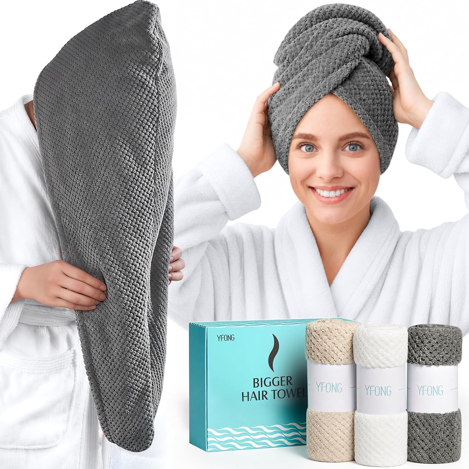 Detalle de YFONG 3-Pack Microfiber Hair Towel 30" x 10" ๐งโ