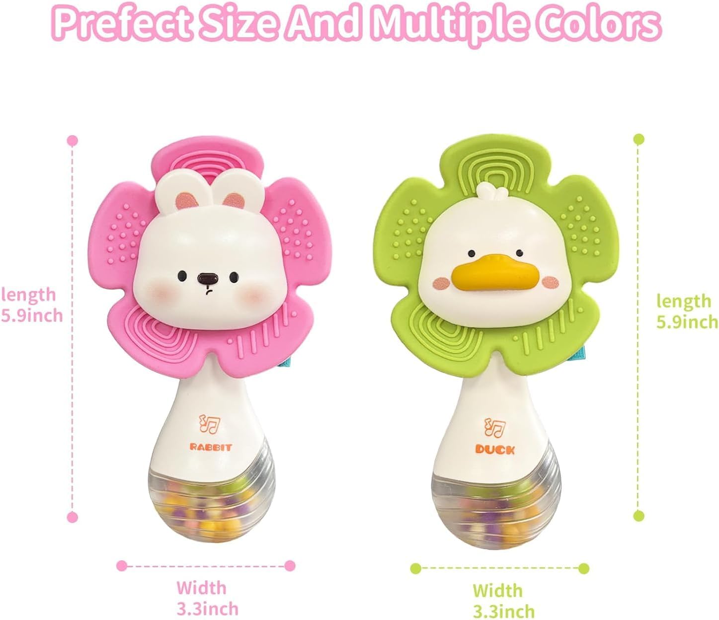 Thumbnail 1 de 2 Pcs Baby Rattles Teething Toys for 0-12 Months (Pink & Green) – Multi-Sensory Teether & Rattle Set