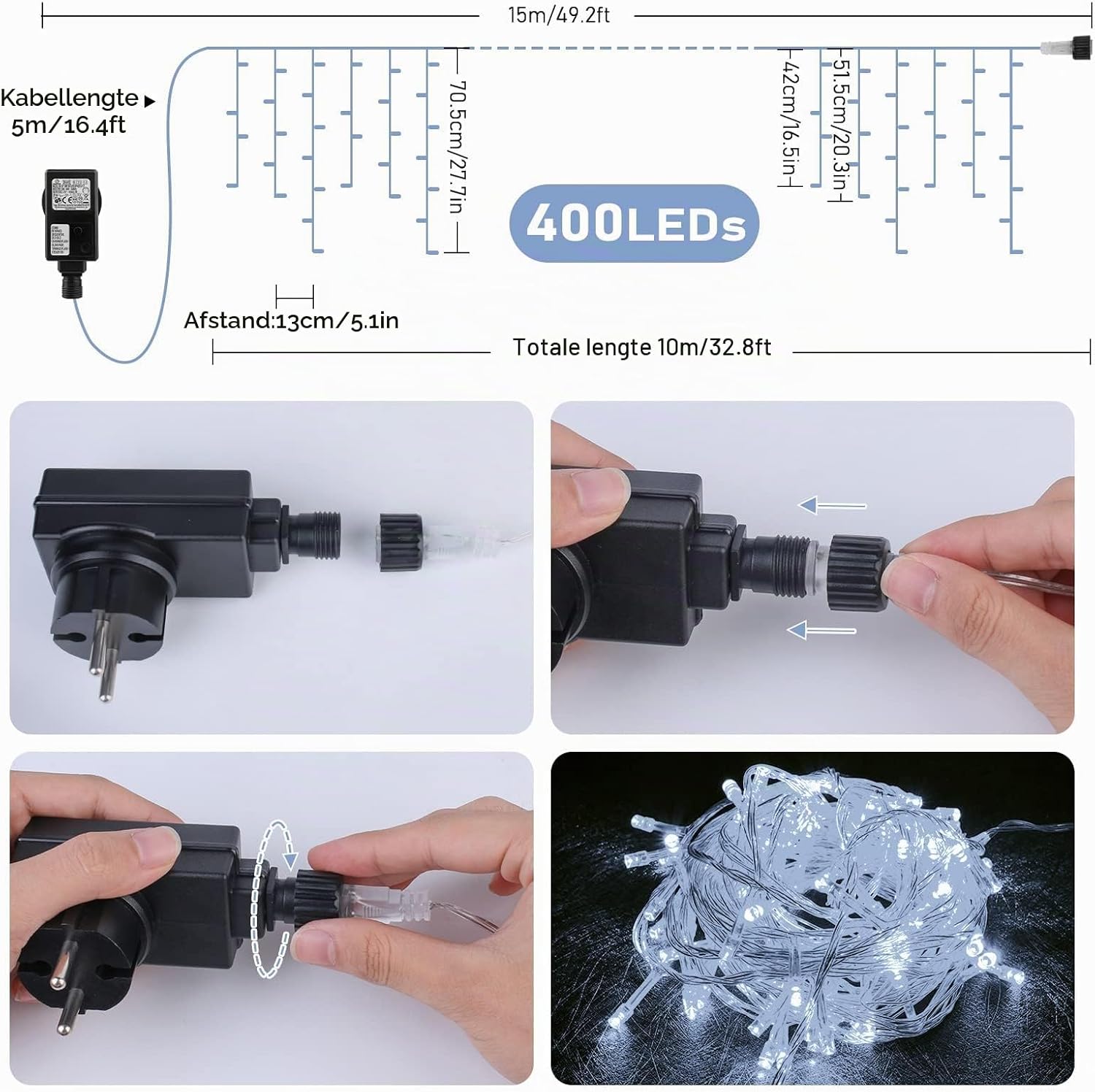 Detalle 2 de HOSPAOP YL400C-31 ijspegelverlichting, 10 m, 400 witte leds en 8 lichtstanden