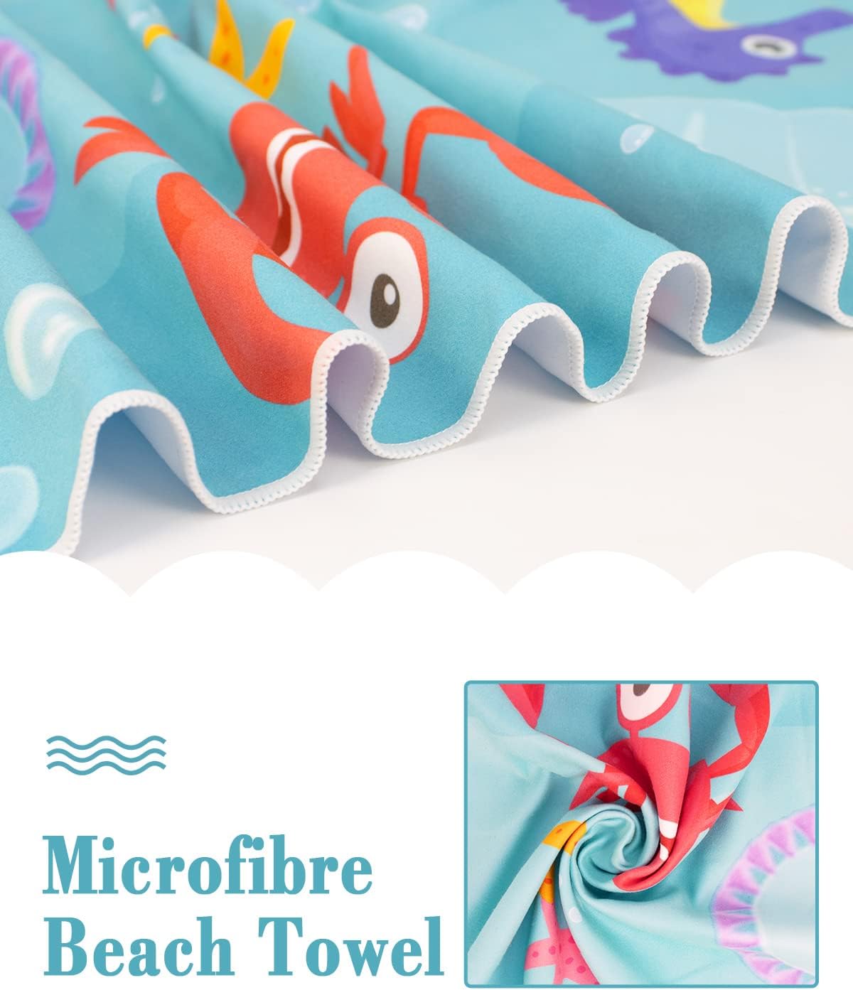 Detalle 2 de Rowjoy Telo da spiaggia per bambini Blue Ocean: asciugamano mare in microfibra con animali marini (60 x 120 cm)