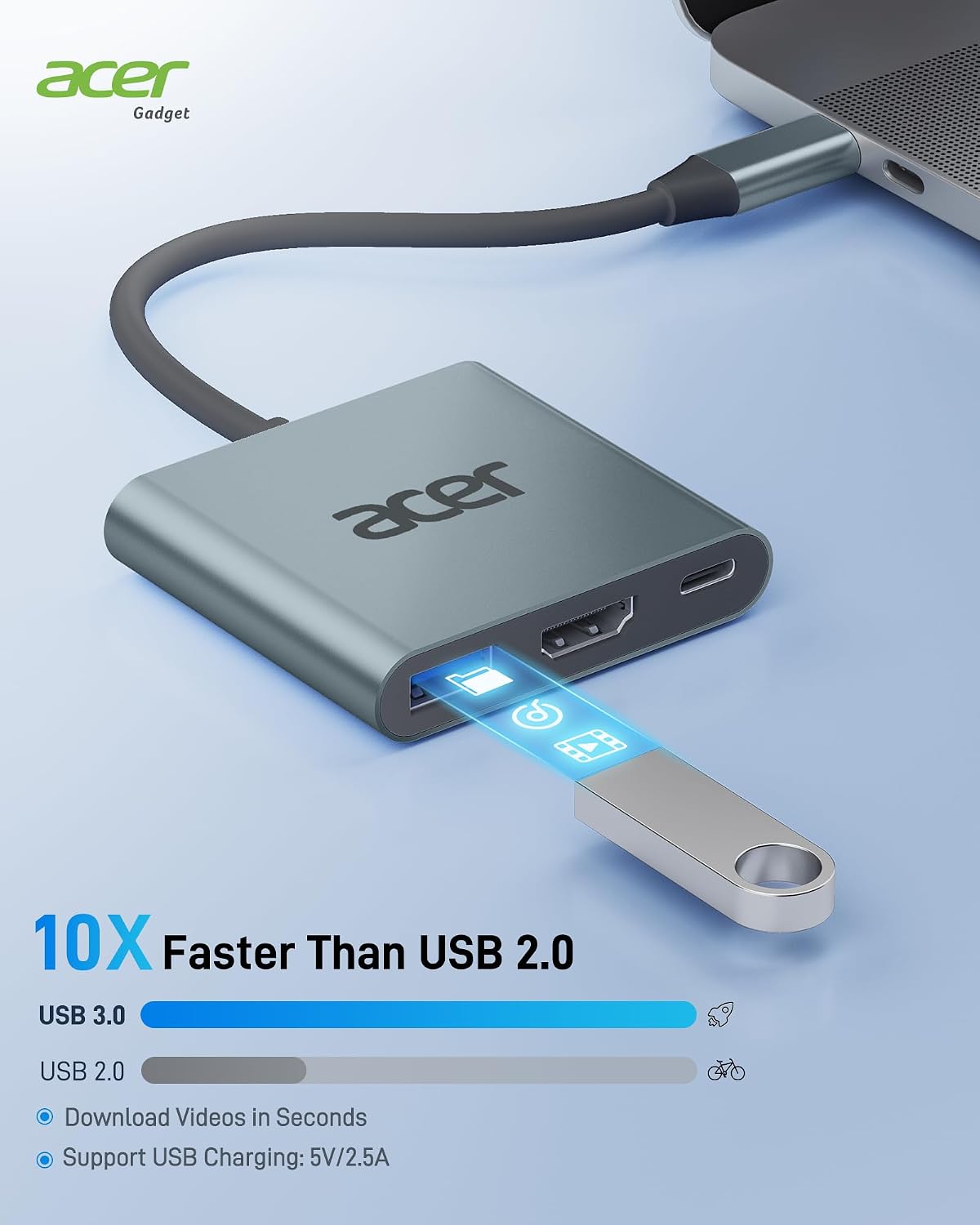 Thumbnail 4 de Acer USB C Hub (3-in-1) – Type-C to HDMI adapter with 4K HDMI, 5Gbps USB 3.0 and up to 100W PD charging (Grey)