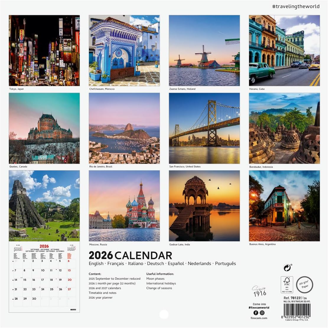 Detalle de Finocam Calendrier mural 2026 18 x 18 cm – Janvier 2026 à Décembre 2026 + Sept.-Déc. 2025 (4 mois réduits)