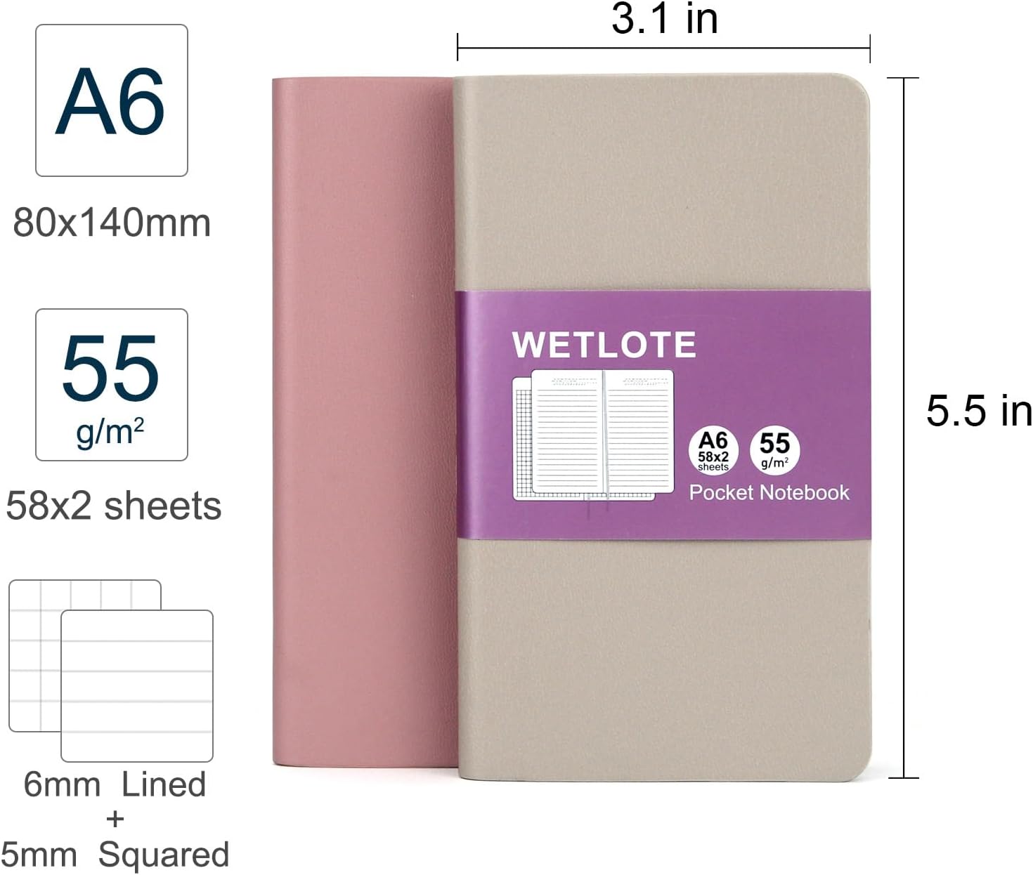 Detalle 2 de WETLOTE A6 Taschen-Notizbuch 2er-Pack Rosa + Hellcurry