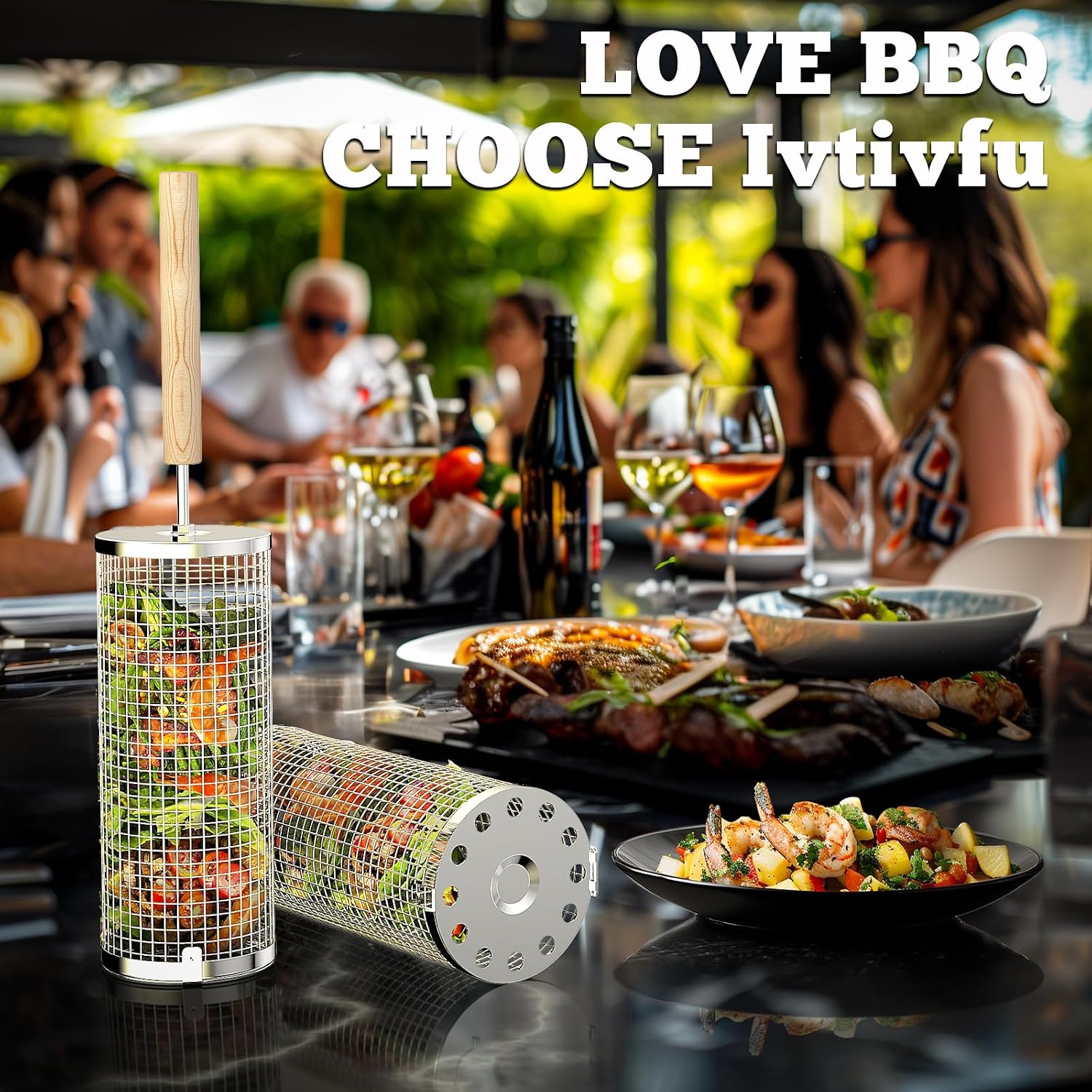 Thumbnail 5 de ivtivfu BBQ Rolling Grill Basket Set with Removable Wooden Handles