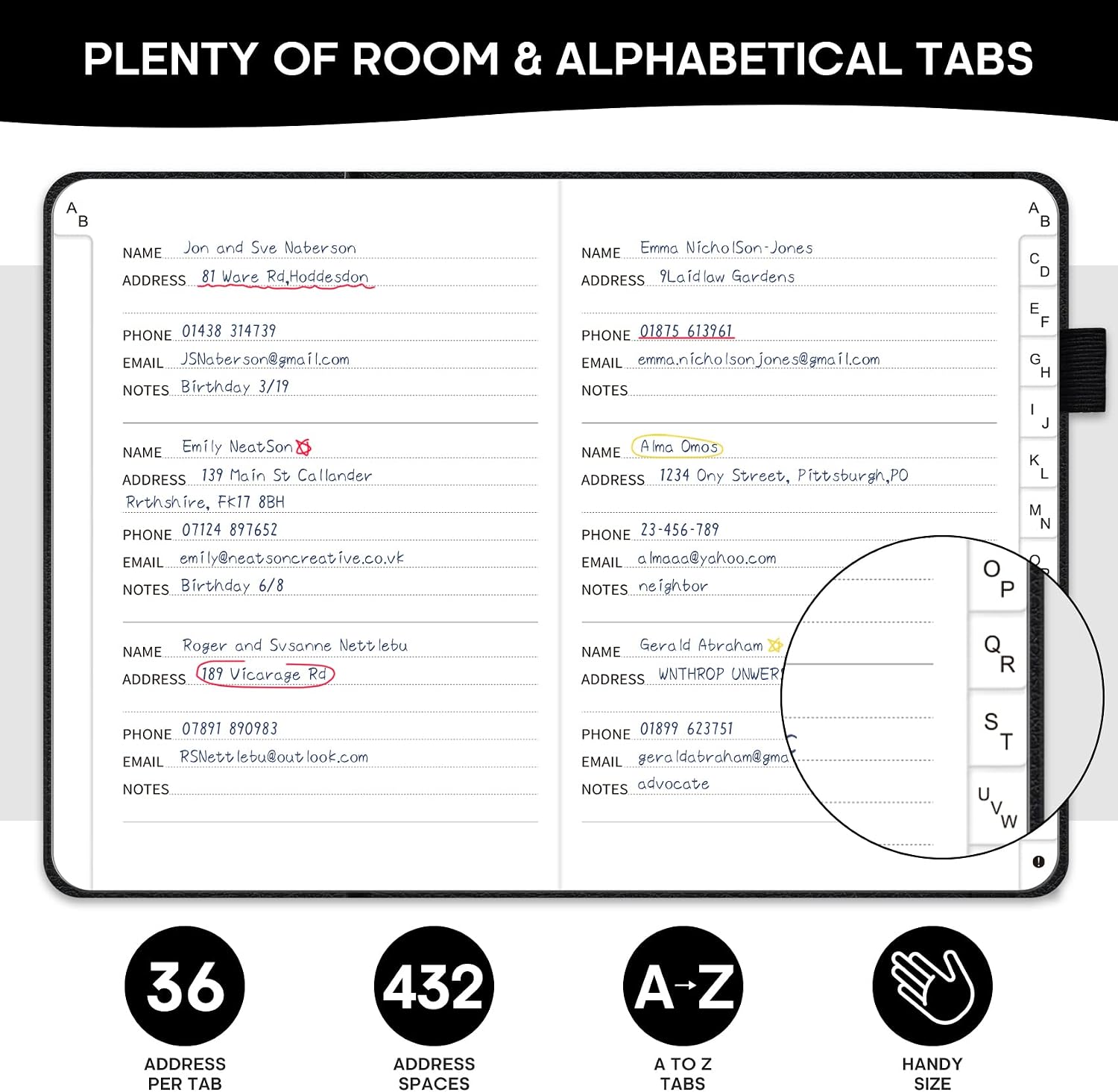 Detalle de Taja T003-AD-Black Address Book with A–Z Tabs, Large Print, Faux Leather