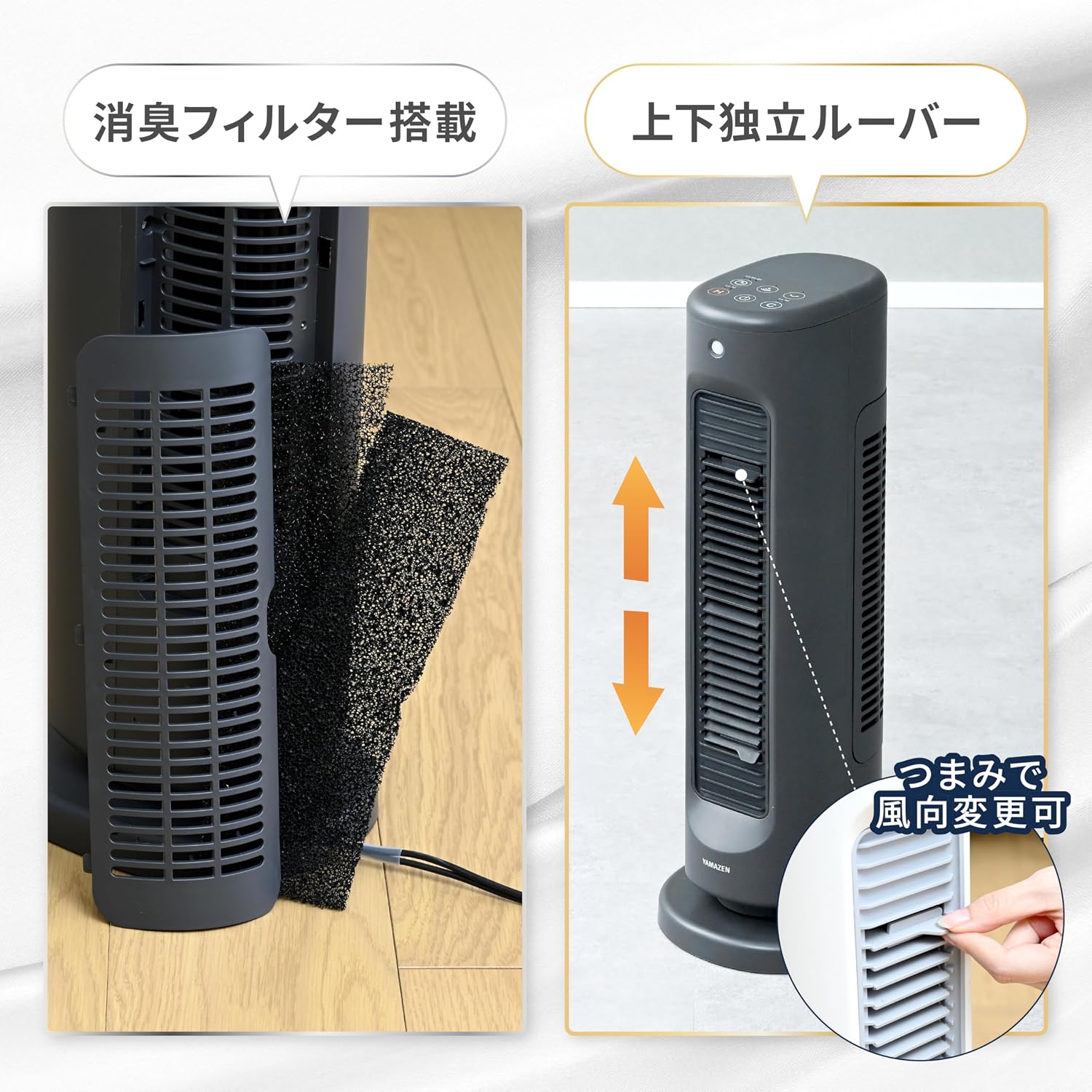Detalle de 山善 YA-ZT1000(B) HOT&COOL タワー型サーキュレーター 温風・送風 人感センサー搭載
