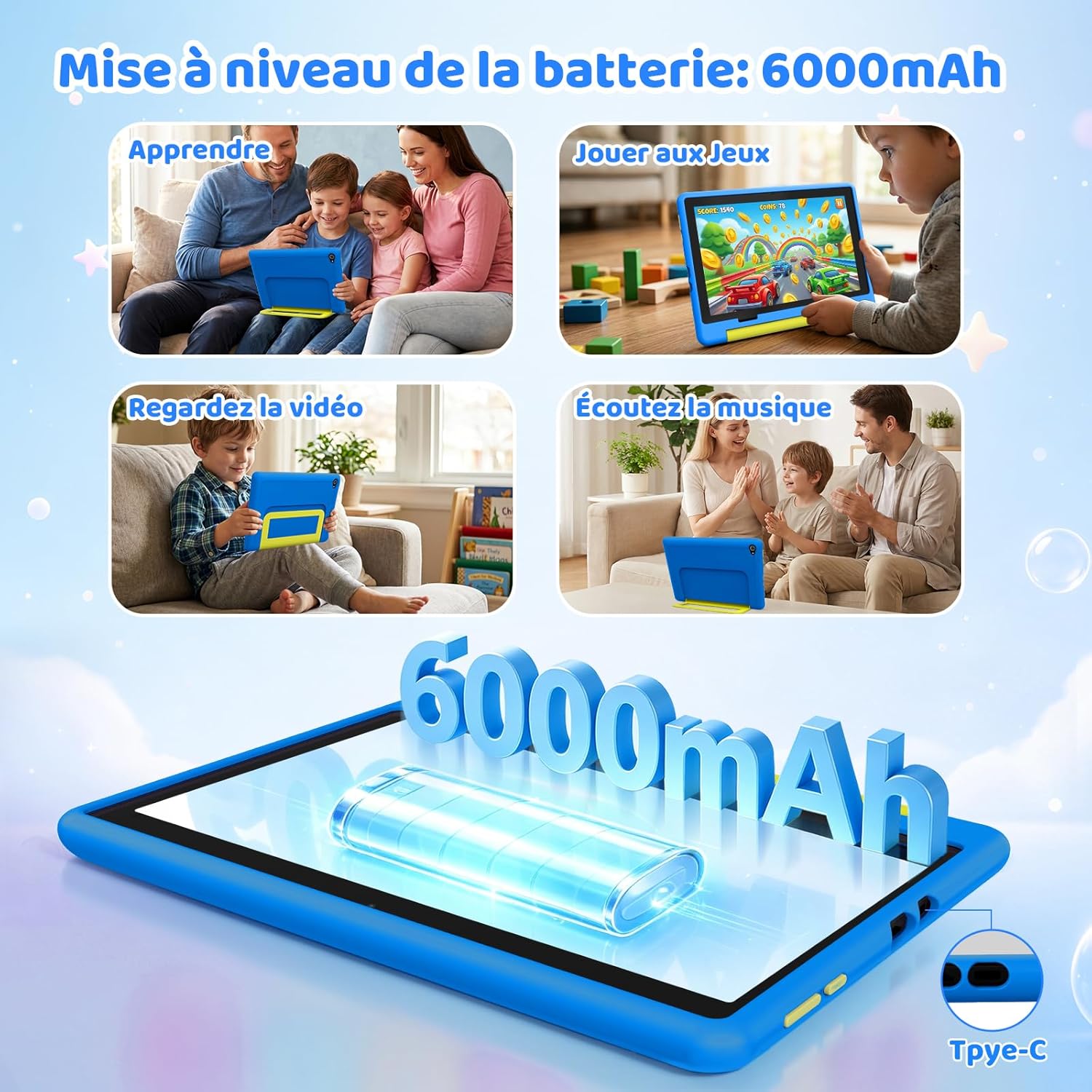Thumbnail 6 de Laptok Android 16 Tablette Enfants 10" – 24Go + 64Go, ext. 1To, 6000mAh, mode Bureau, coque anti-choc (Bleu)