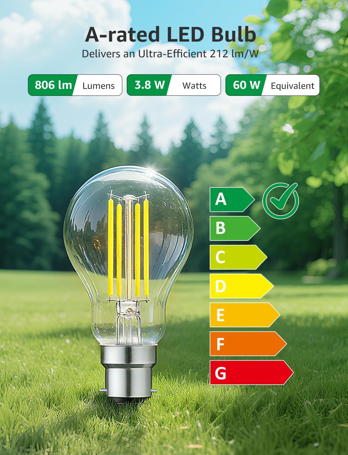 Thumbnail 1 de Lepro Bayonet Light Bulb A-Rated 3.8W LED (B22), 806lm, 2700K Warm White, 4-pack