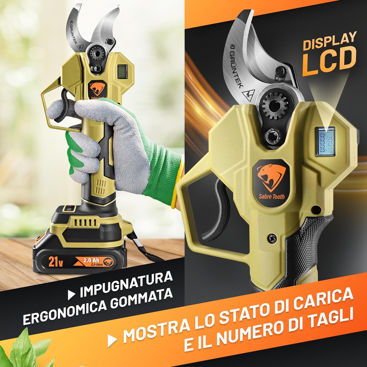 Detalle de GRÜNTEK Forbici Potatura a Batteria: Cesoie Elettriche 21V con Display LCD e 3 livelli di taglio