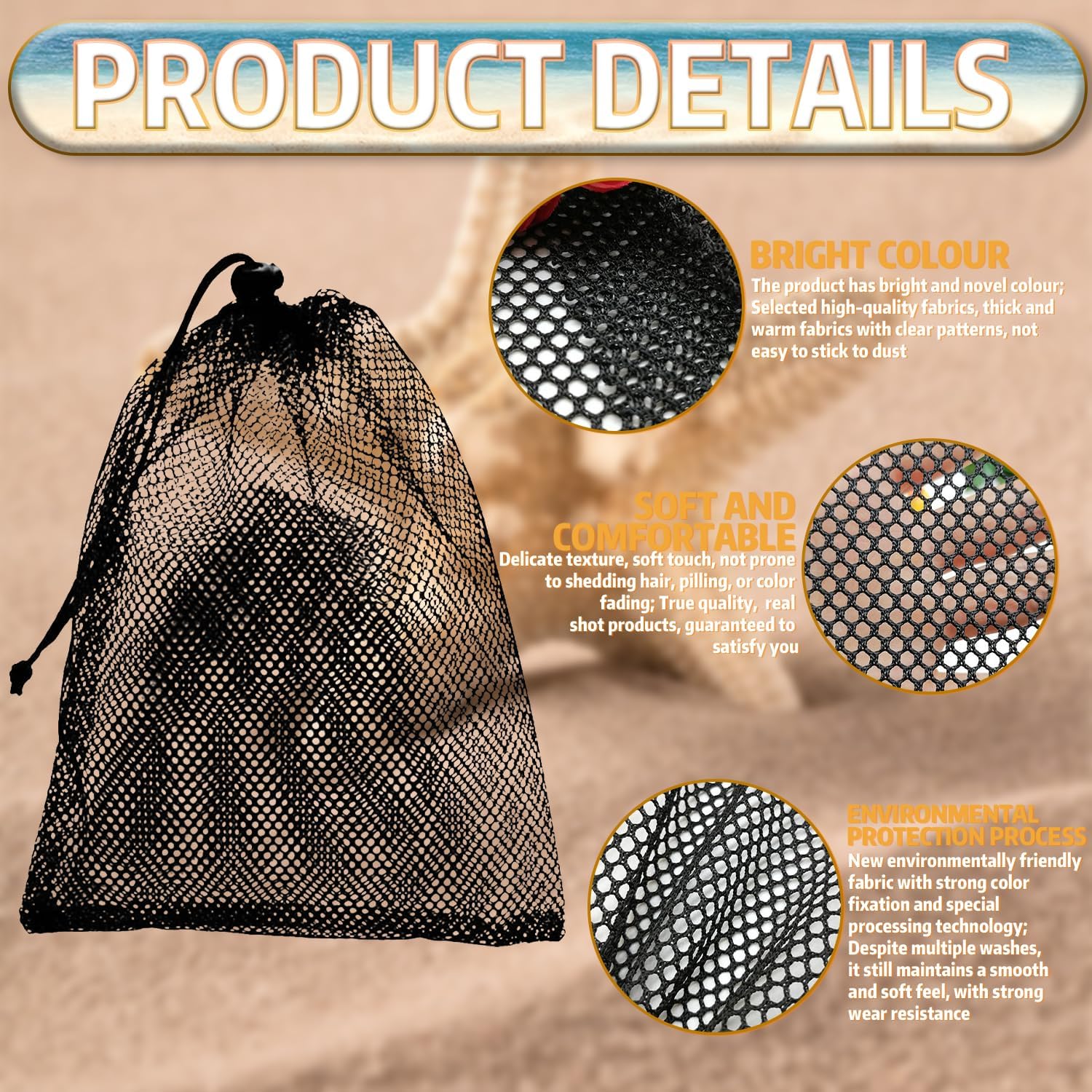 Detalle 2 de COLANANA 2pc Mesh Drawstring Bags (40 x 35cm) – black drawstring organisers for toys, swimming & travel