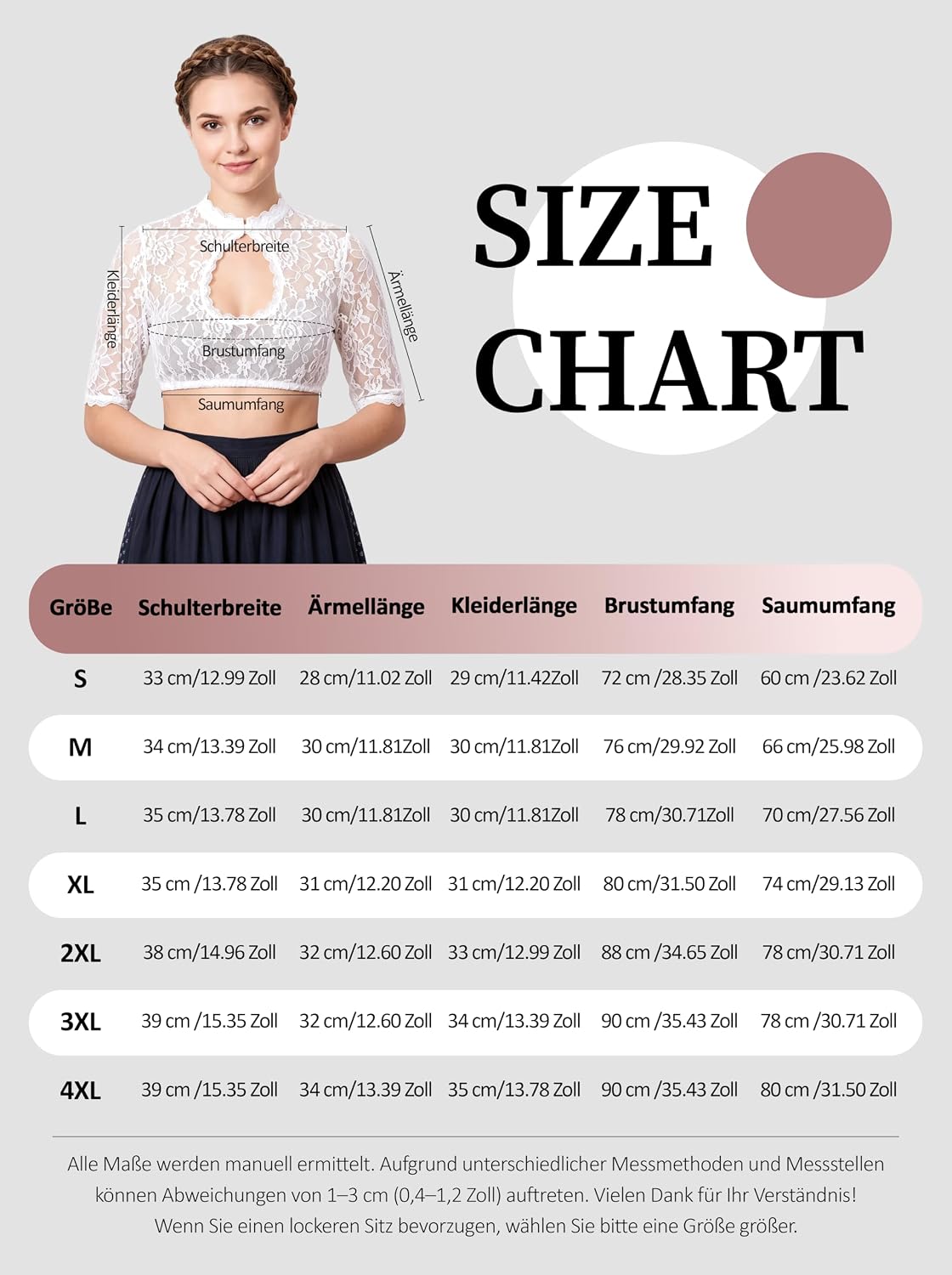 Thumbnail 6 de LEKMBBY 1416 dirndlblouse met witte bloemenkant, opstaande kraag en halve mouwen