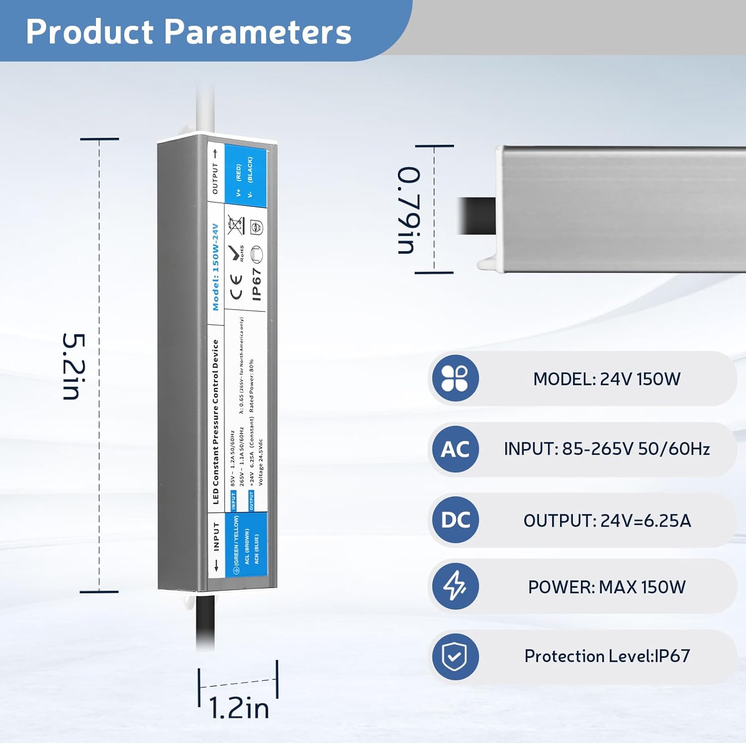 Detalle de YOODI Trasformatore 24V 150W IP67 | Alimentatore LED 220V AC a DC 24V, ultra sottile