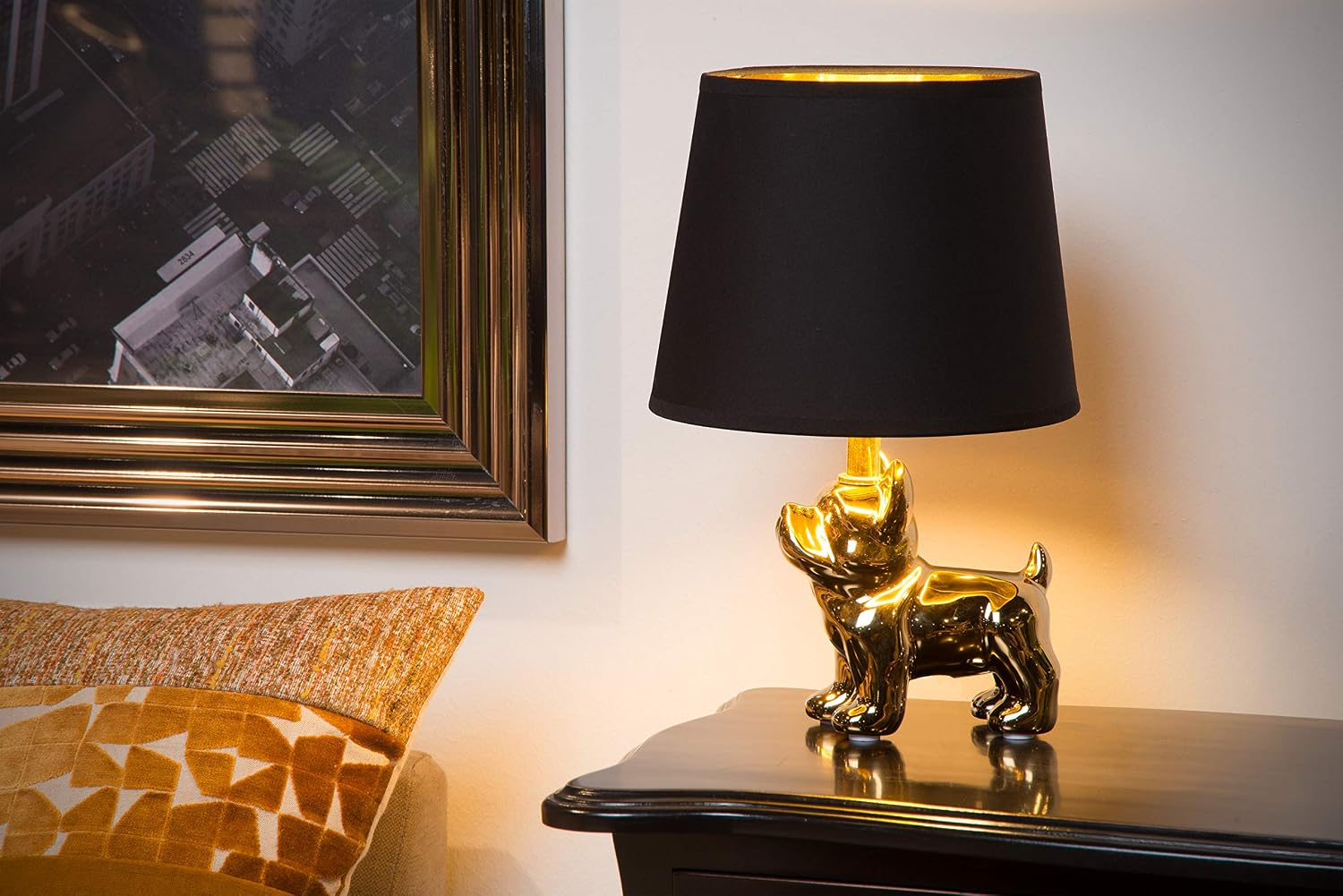 Detalle de Lucide Extravaganza Sir Winston – lampa stołowa E14, porcelanowa, złoto-czarna