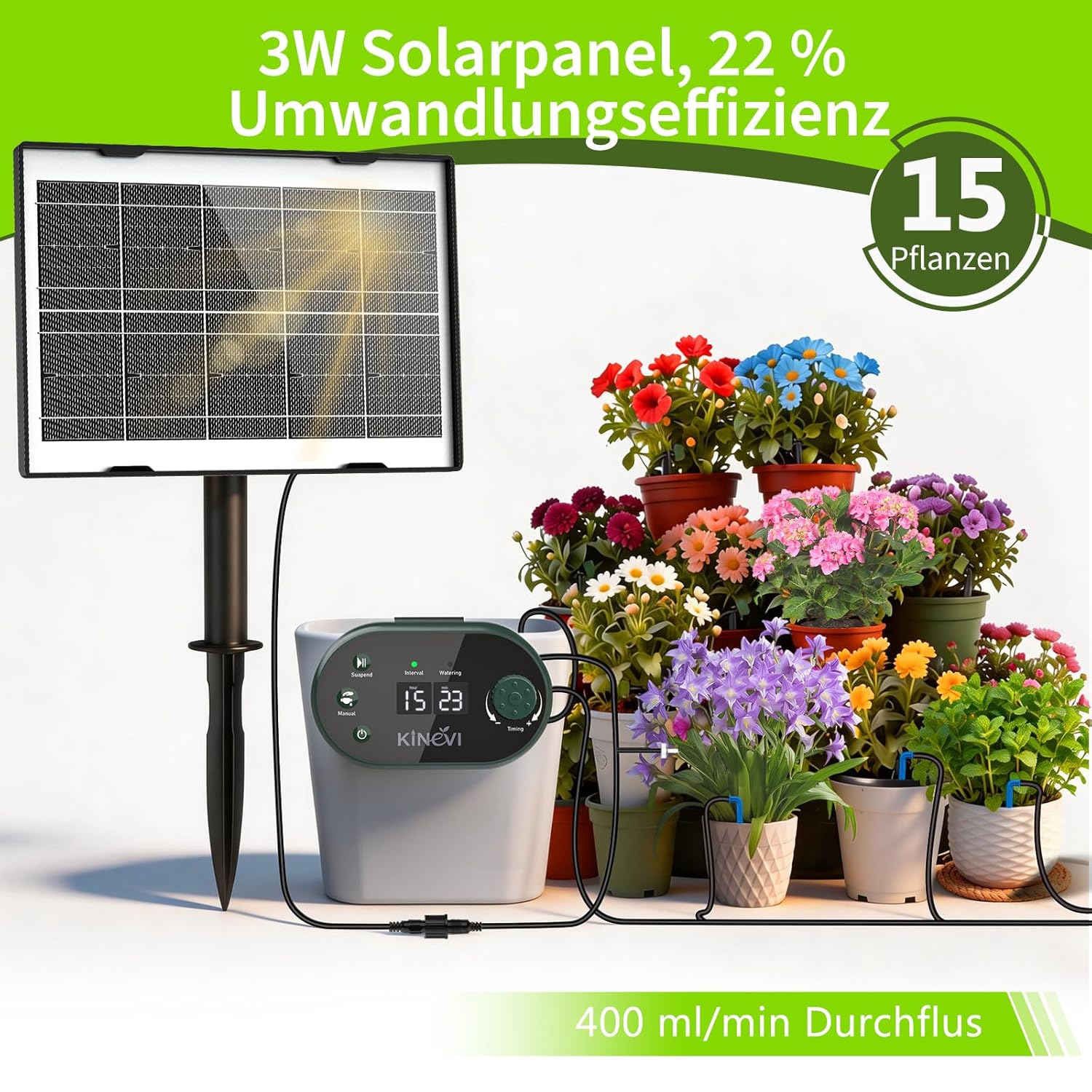 Thumbnail 1 de Solar Bewässerungssystem Garten Automatisches mit 22 Modi Timer – 15 m Schlauch, 15 Tropfstrahler (3W) für Balkon, Beet, Gewächshaus