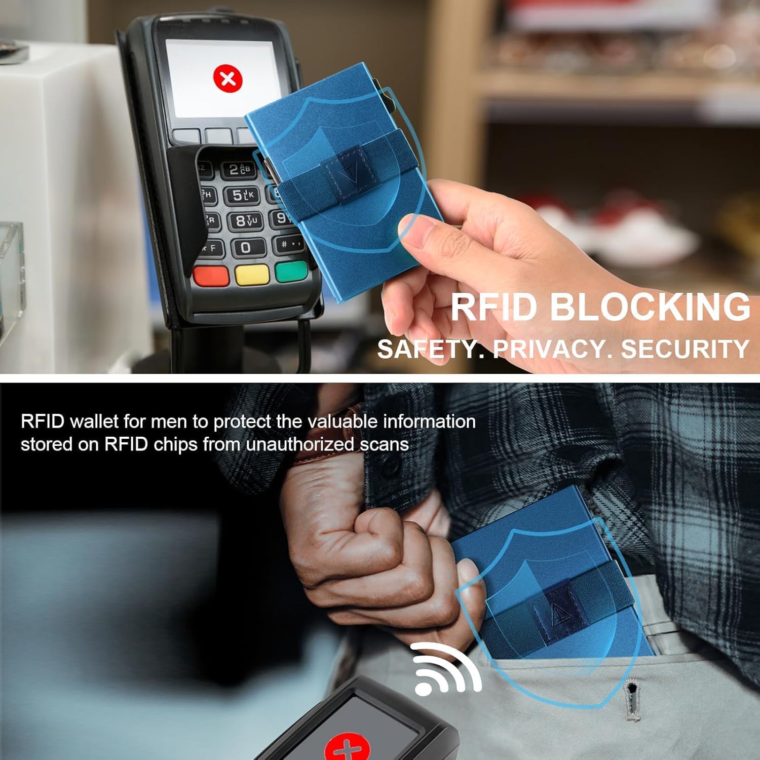 Detalle de TOYFID Pop Up Wallet for 12 Cards - RFID Blocking Aluminium Card Holder in Navy Blue