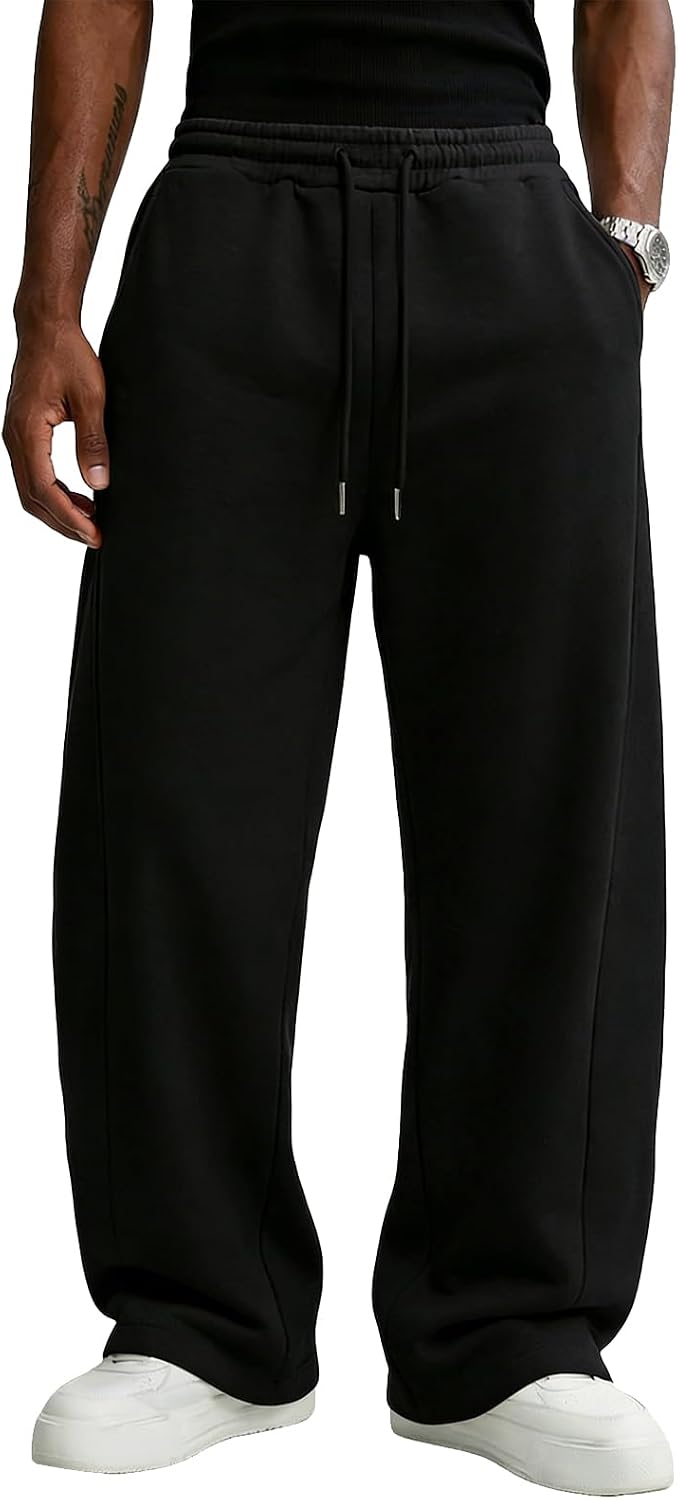 Detalle de Wangdo Men's Baggy Sweatpants: Wide-Leg Cotton-Blend Lounge Joggers with Pockets