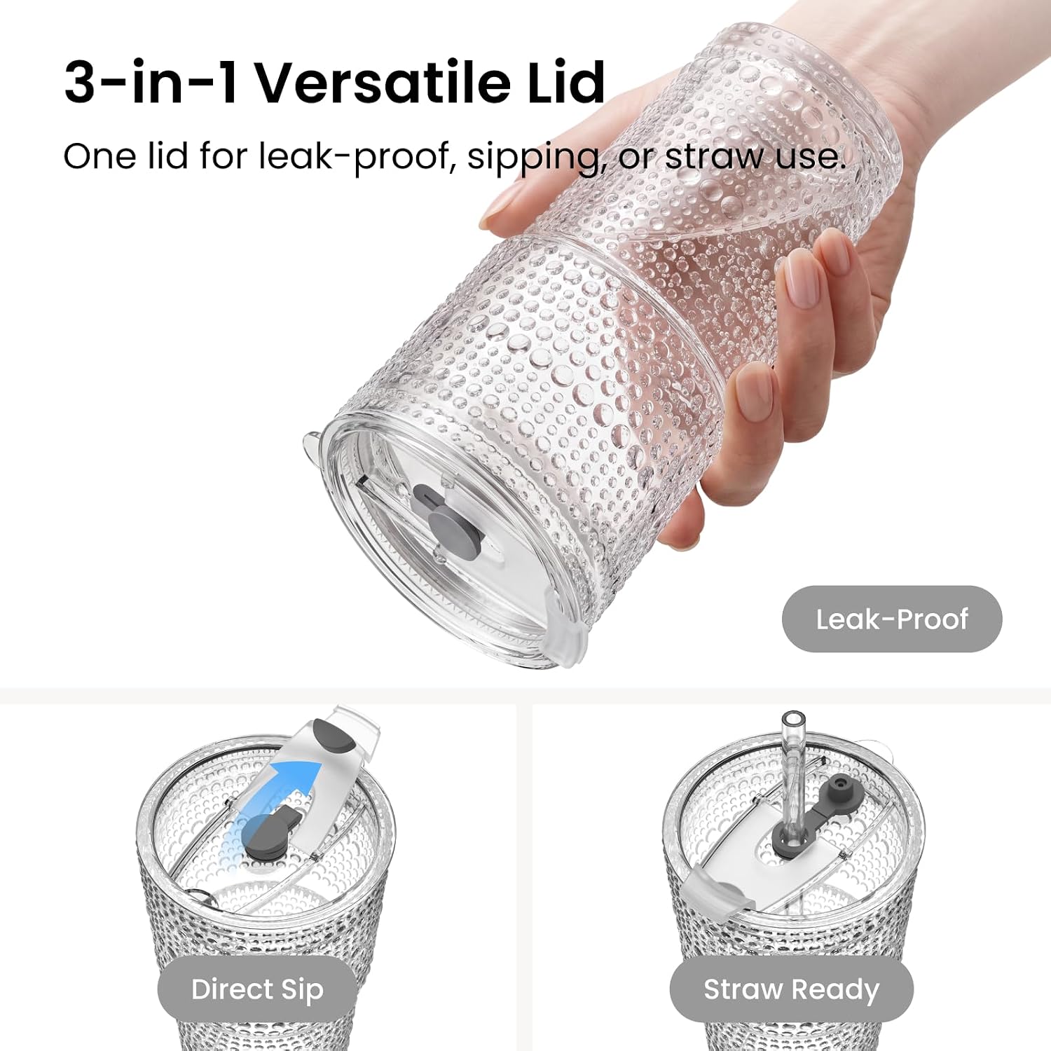 Detalle de INSETLAN 20oz Hobnail Glass Cups with Lids and Glass Straws — 4 Pieces