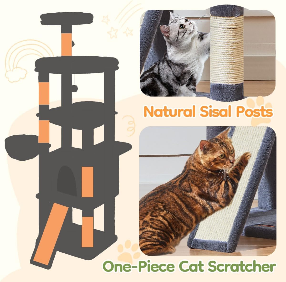 Thumbnail 5 de Taoqimiao Cat Tree 183cm Large Cat Tree with 5 Scratching Posts, Metal Hammock & Spacious Platforms (Smoke Grey)