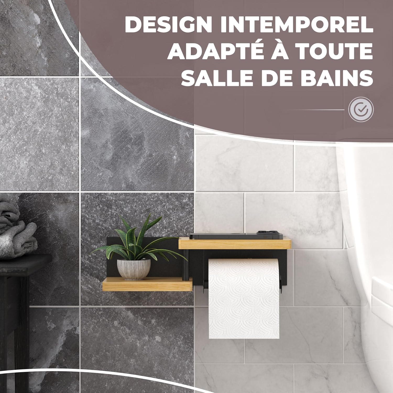 Thumbnail 6 de ElbFuchs bamboe toiletrolhouder met rek, zelfklevend of schroefbaar, zwart