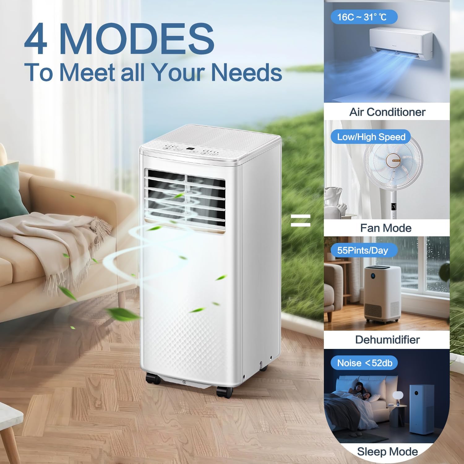 Detalle de Air Conditioning Unit 9000 BTU Portable with 4-in-1 Cooling, Fan, Dehumidifier and Sleep Mode