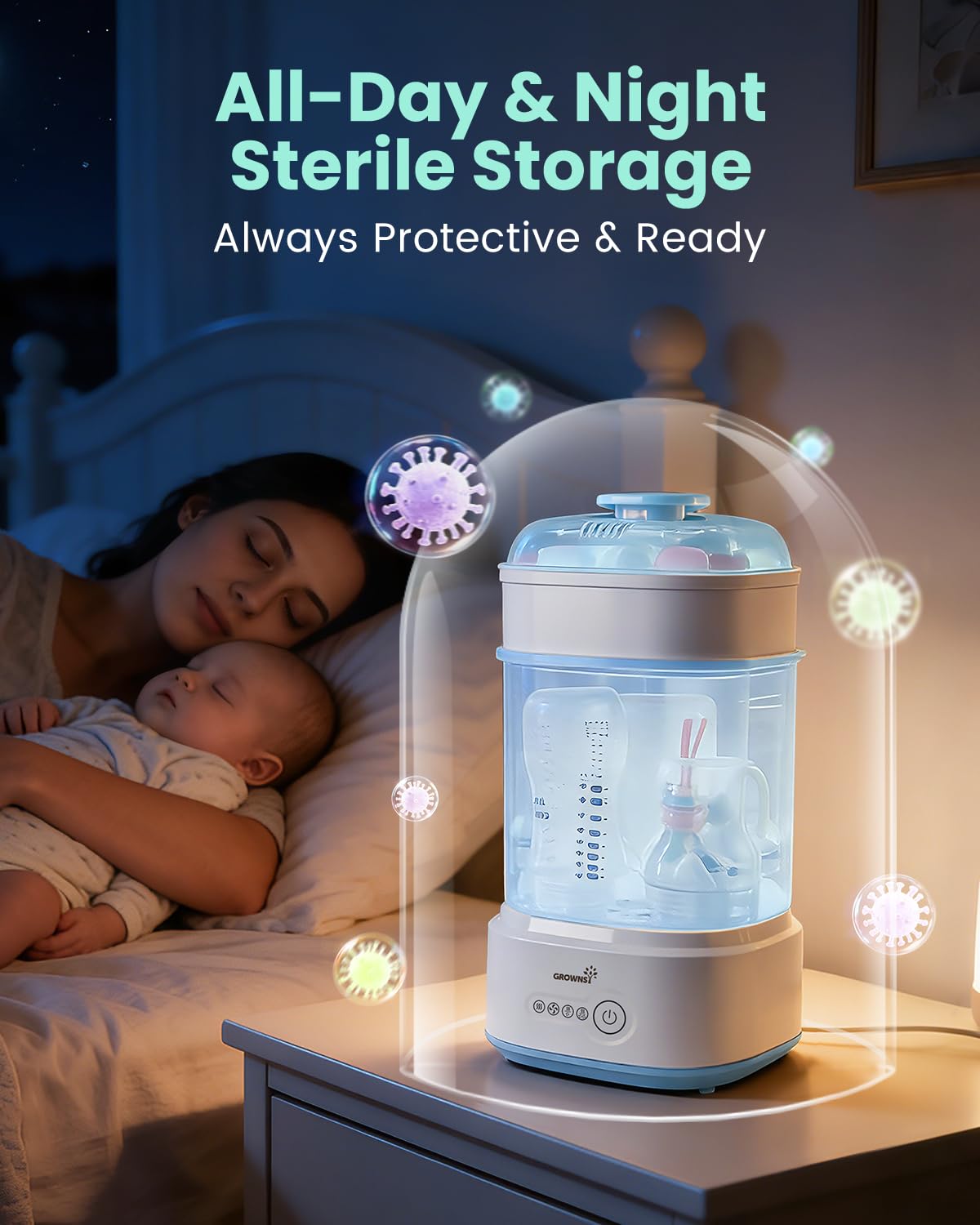 Detalle de Grownsy LS-BE916 Compact Baby Bottle Sterilizer and Dryer, Blue