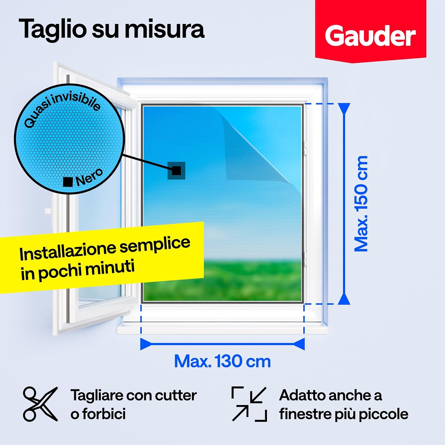 Detalle 2 de GAUDER Zanzariera per Finestra - Rete anti-insetti autoadesiva 130 x 150 cm, nero, chiusura a strappo