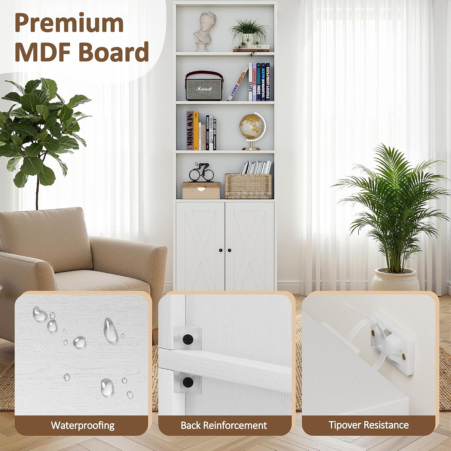Detalle 2 de Shintenchi MSG002 Bookshelf, 6-Tier White Bookcase with Doors