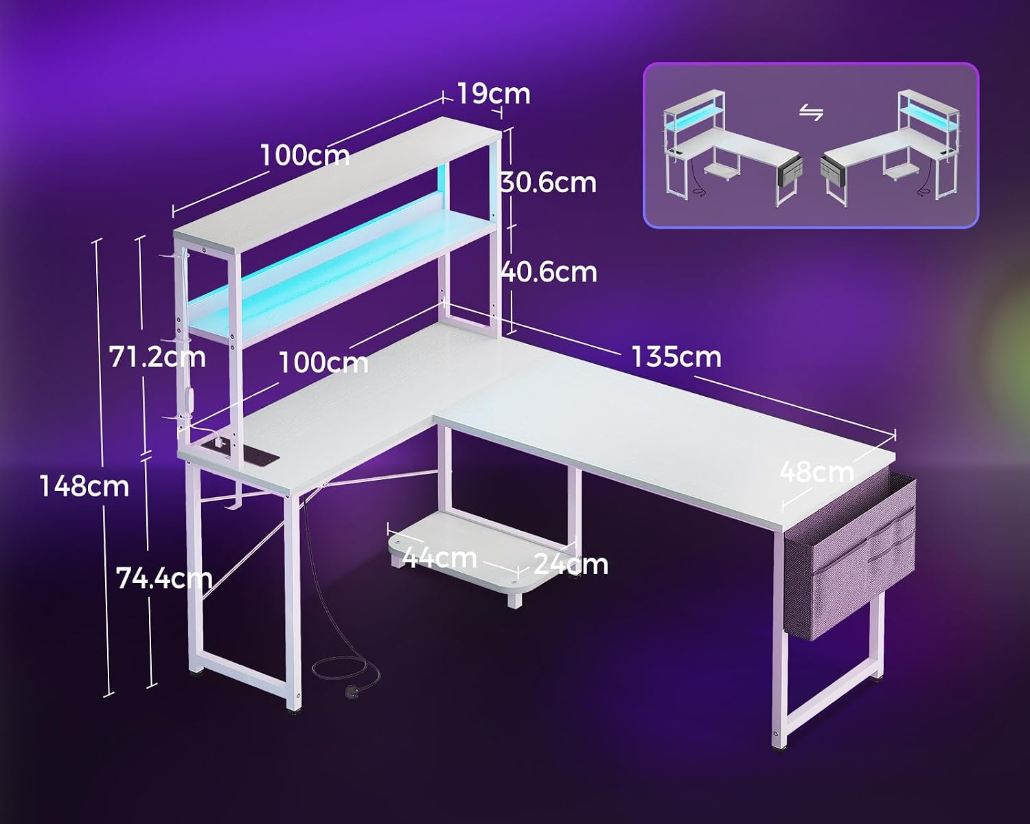 Detalle de Coleshome L shaped gaming desk 135 x 100 cm