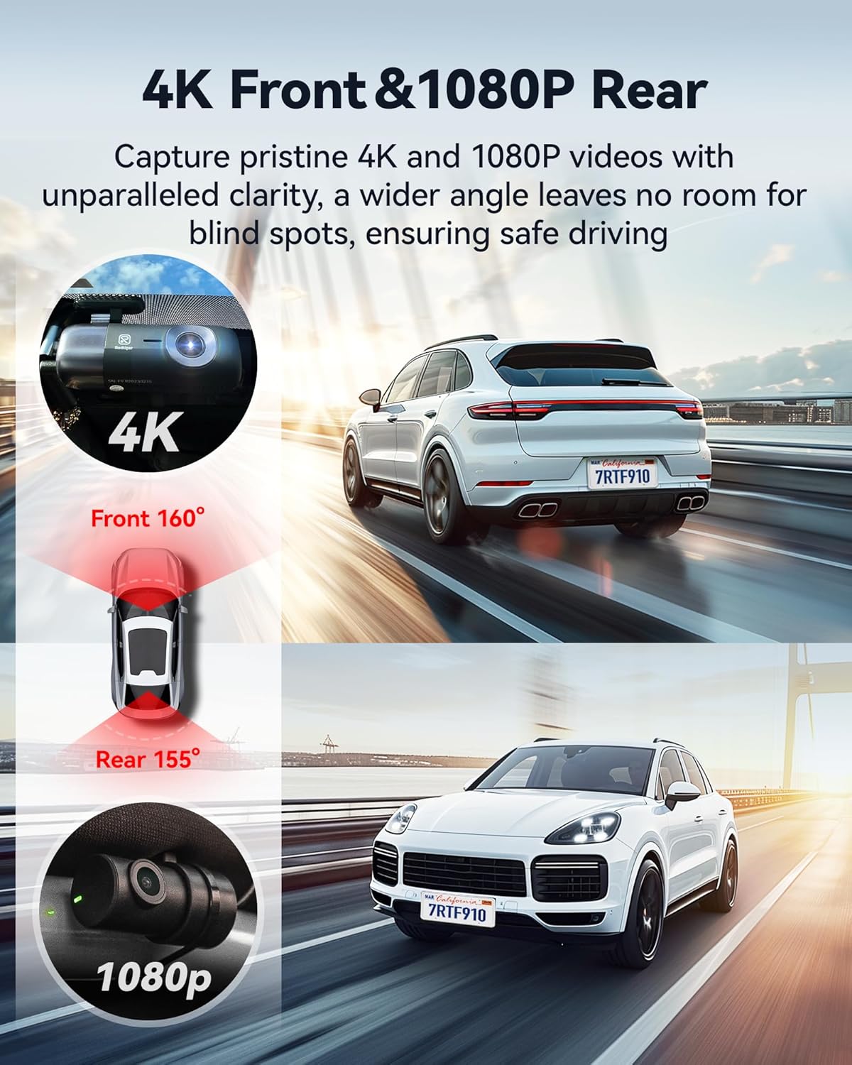 Thumbnail 2 de REDTIGER F9 Dash Cam 4K Front + 1080P Rear: Dual Recording with 5.8GHz WiFi, GPS and App Control